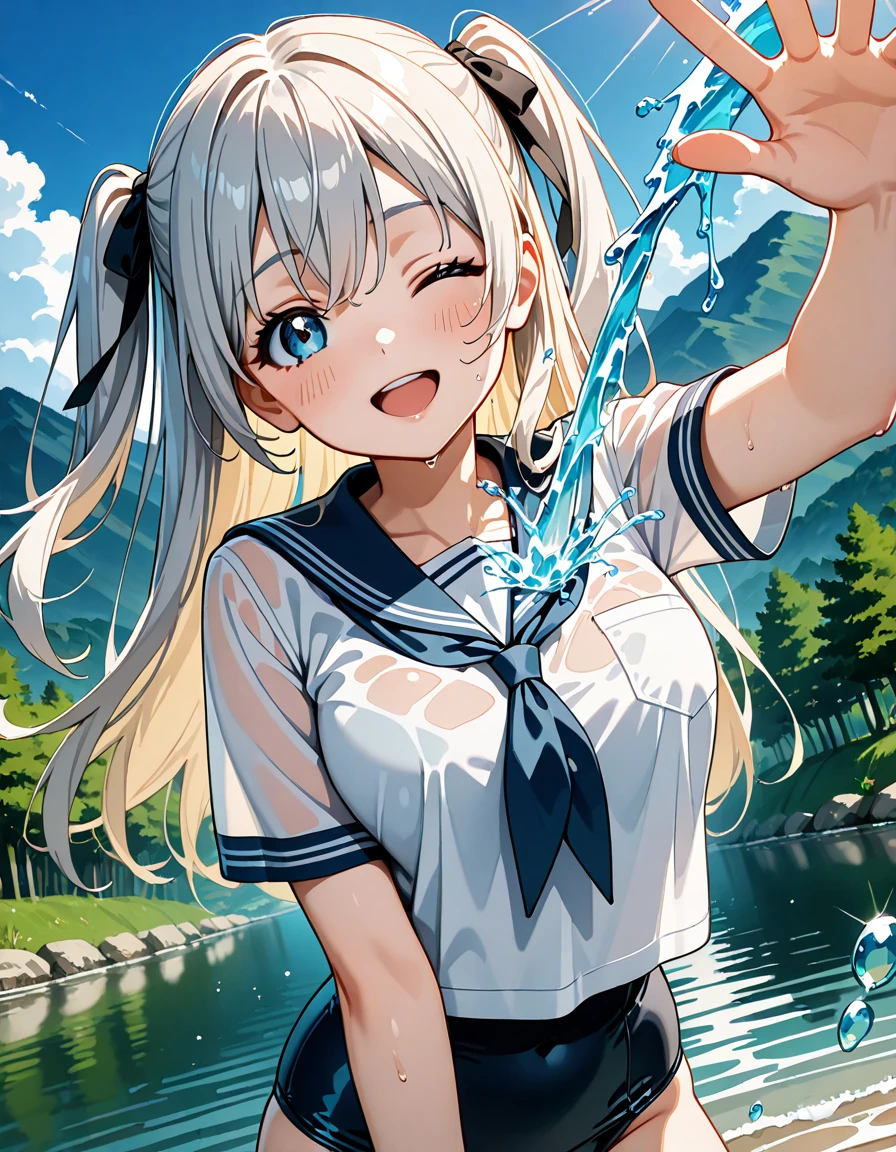 Cornflower art, dreamy, (masterpiece, top quality, perfect anatomy, beautiful face, realistic, super detailed, 1 girl, 18 ears senile, solo, depth of field, canon 24mm lens, f1.4, cute_girl, sailor_ collar, clear facial features, short sleeves, small , slender stature, height 170, barefoot, double ponytail, bangs, gravure pose, outdoor, jungle, Blurred background, (Uwabaki: 1.1576)) Drenched all over, clear liquid dripping from the crotch, the front of the shirt is exposed, the breastssible, transparent bra, light blue striped buns,