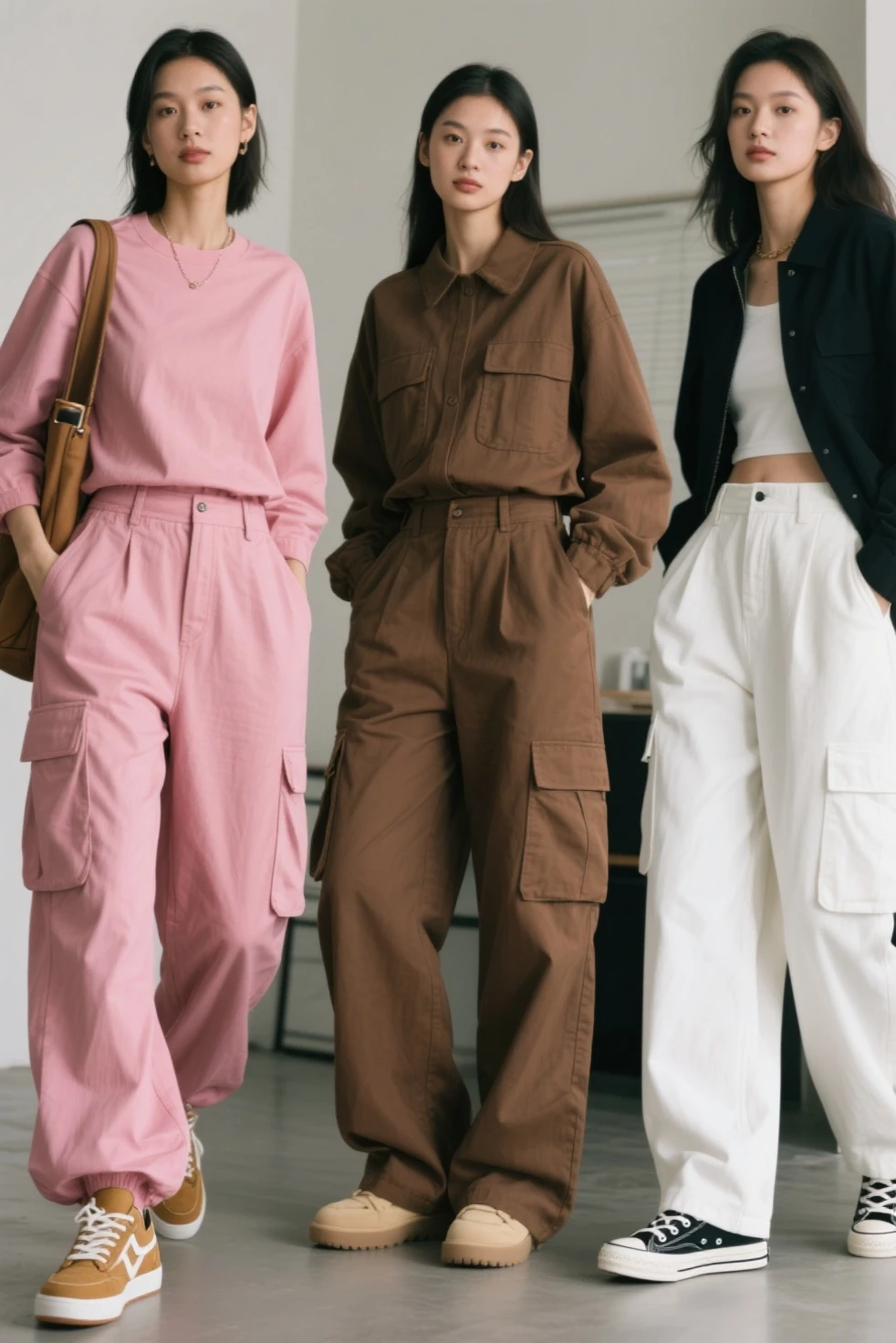 Two women standing side by side in a store, dressed with dungarees, ssense, cargo pants, wearing a fisher 🧥, Y2K style, y 2 k style, 😭 🤮 💕 🎀, 2 0 2 0 fashion, Large pants, khakis, 🎀 🧟 🍓 🧚, baggy pants, 90's, 9 0's