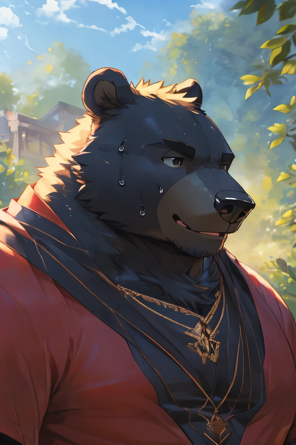 male,40 years old, ((Round Face, Full face ,black eyes, )), ((Endocrine, handsome,Hot Blood)), (), ((domestic Black Bear,Black Bear,) furry fur, furry), Outside, (high quality, high resolution, masterpiece), (), (), Full body photo , cartoon, author:Arashi Takehoto, from Zixiong , author:Chunni, author:Ethereal,(background:), ultra-detailed, sweat, Rough, maturity, strong expression, sharp gaze.,The character wears a fairy suit,Sloppy