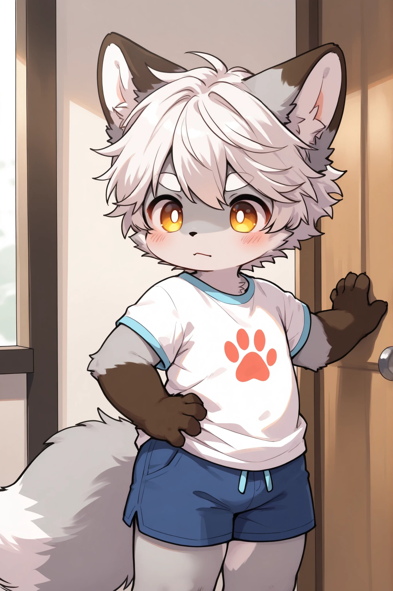 A curious male fennec fox cub is on the apartment of a night city. It has white fur, a thick tail, and a pair of furry big ears. His eyes were filled with curiosity, and the fennec fox cub had an excited and eager expression, aoeu,aoeu,aoeu,aoeu,aoeu,aoeu,aoeu,aoeu,aoeu,aoeu,aoeu,aoeu,aoeu,aoeu,aoeu,aoeu,aoeu,aoeu,aoeu,aoeu,aoeu,aoeu,aoeu,aoeu,aoeu. White background, standing up, wearing black mini shorts