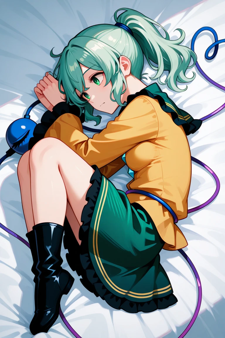 masterpiece, best quality, highres, 1girl hibachi twintails hair ornament, yellow shirt strapless bra armband black skirt red legwear purple legwear belt elbow gloves green gloves pink bow <lora:hibachi:1> lying on back, bed sheet