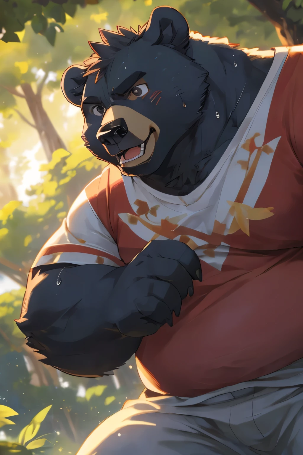 male,40 years old, ((Round Face, Full face ,black eyes, )), ((Endocrine, handsome,Hot Blood)), (), ((domestic Black Bear,Black Bear,) furry fur, furry), Outside, (high quality, high resolution, masterpiece), (), (), Full body photo , cartoon, author:Arashi Takehoto, from Zixiong , author:Chunni, author:Ethereal,(background:), ultra-detailed, sweat, Rough, maturity, strong expression, sharp gaze.,The character wears a fairy suit,Sloppy