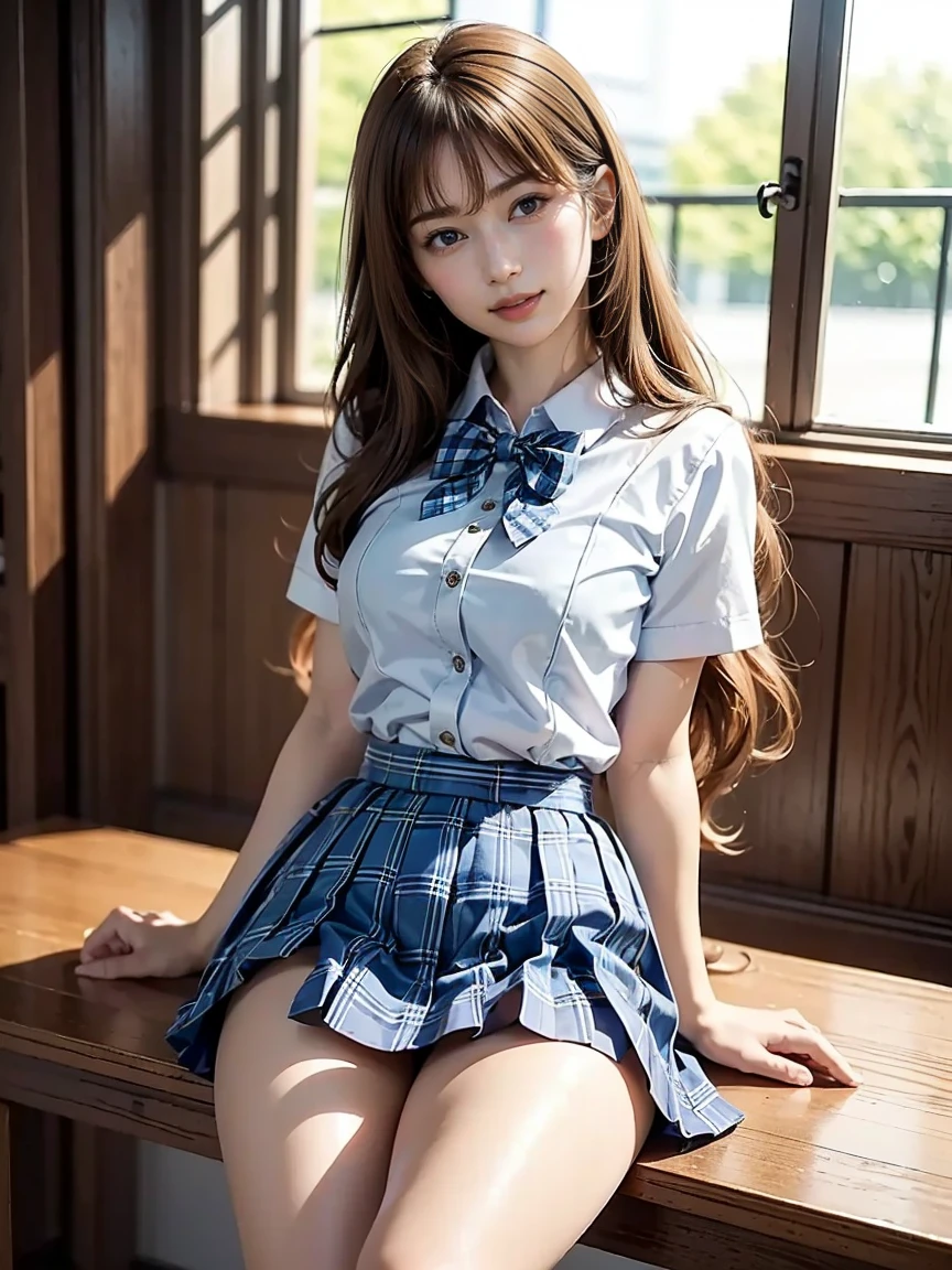(reality: 1.4),highest quality, masterpiece, high detail, 16K quality, beautiful, 1 beautiful girl,japanese,super beautiful face,baby face,japanese idol face,cute face,super detailed face,detailed hand,beautiful skin,oily skin,big eyes,profeccional lighting,medium hair,black hair,brown beautiful eyes, big smile,standing, (skirt lift),big breasts,(sailor suit),(checked skirt),white panties,(showing panties),black high socks,spread legs, she is looking at the camera,classroom, nsfw,from below,