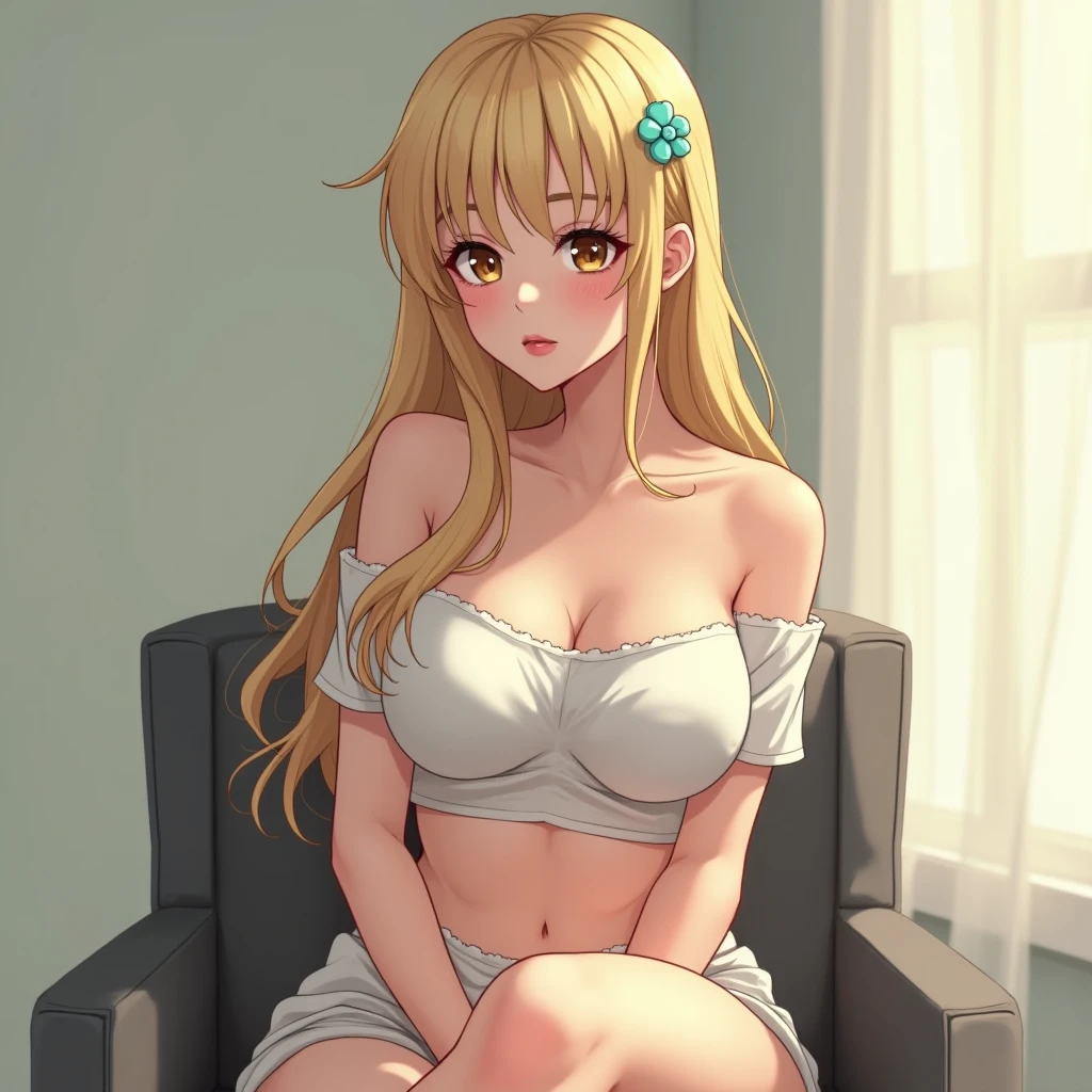 1girl in, age19, Solo, Long hair, Colossal , Looking at Viewer, blondehair, Bare shoulders, Brown eyes, jewely, Full body, a necklace, off shoulders, Sweaters, Realistic, A sexy