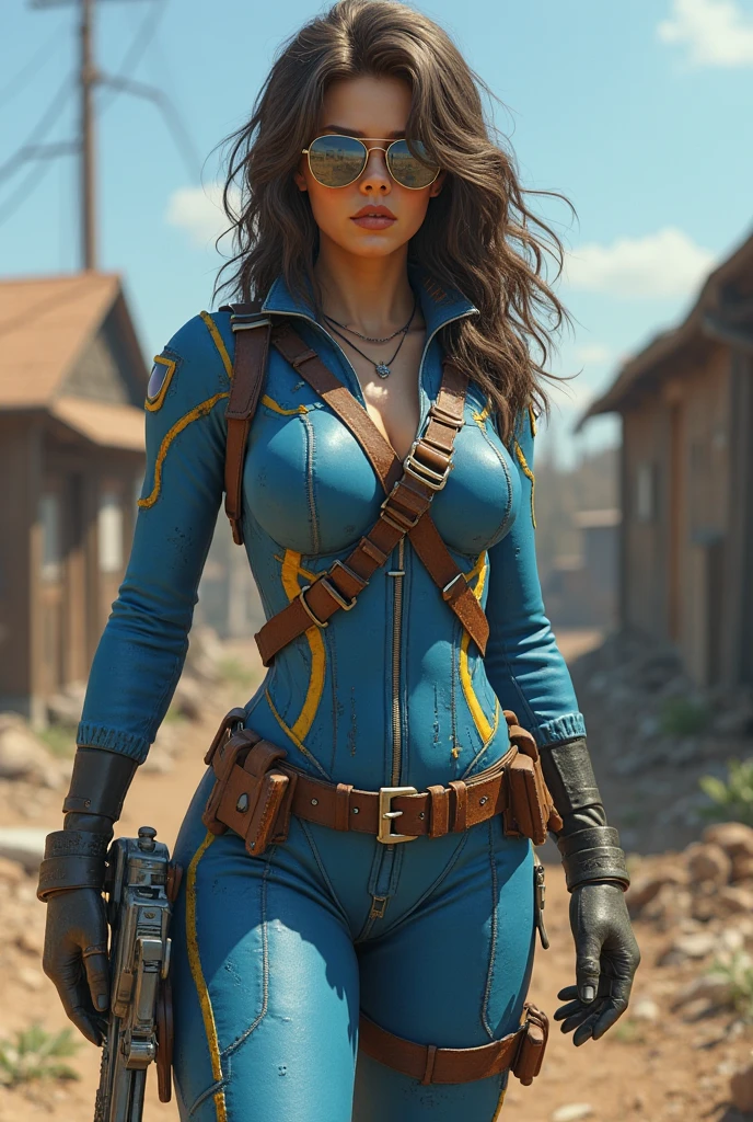 Create a cinematic, filmic image ((best quality)), ((masterpiece)), ((realistic)) of [post nuclear town] in [fallout style], with [detailed linework], [dynamic shading], and [rich colors]. Show [young caucasian woman] [Desert Ranger] named [AnjelikaV2:1.5] and her [full body], with [expressive facial features] and [fluid body movements], and close attention paid to [costume design] and [background details]. The art style should capture the [post-apocalyptic setting] of the image.
Create an [ultra-realistic], [high-resolution] image of [soldier] [mercenary] [exploring] [american] [desolated city] before the [storm], with the [hot summer sun] still shining brightly in the sky, but in the distance, the sky is a [dark and foreboding shade of blue], hinting at an impending storm. [Tumbleweeds] rolling in the distance.
Her face is covered in [dust] with windswept hair cascading [loosely]. Her eyes with [black eyeliner] and [smokey eye shadow] have long, full eyelashes that add to her feminine charm. She wears a [bandolier], [uzipped] [rugged black leather armor] showing her [cleavage] and [tactical vest:1.2], [old jeans] accentuating her [slim body] and [black wide-brimmed cowboy hat] with metal [texas ranger star], [knee pads] and [short leather boots] that provide both style and function and [holding weapon], [holding gun], [assault rifle:1.2].
Aim for a [photorealistic] portrayal that captures the [essence] of her character, with [intricate details] that capture every nuance of her form. The overall mood of the image should be [post nuclear], [post-apocalyptic], with a sense of [melancholy], [loneliness], and [desolation], showing the complete scene with her [full body]  >