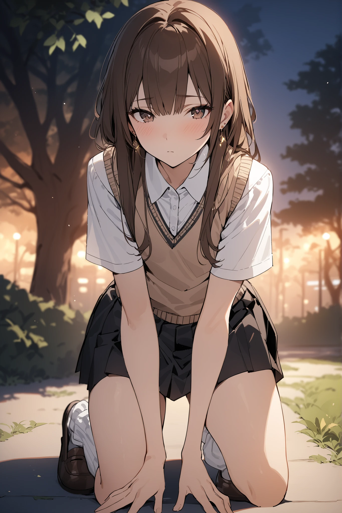 masterpiece, Highest quality,pastel colour,closed mouth,night,crying,Lean your body backwards,fat,Thick legs,shirt,I'm on my knees,Sigh,Dark Forest,sneakers,胸元の緩いshirt,Pleated skirt,Photoreal 1;4,brown hair,full body ,portrait1;4, {{beautiful medium size breasts 1:4}}, high quality panties,{{schoolgirl}},top quality,cute girl,high quality background, slanted eyes, detailed shirt chest wrinkles,BREAK, {{beautiful blue eye1:4}}, Accurate 5 fingers