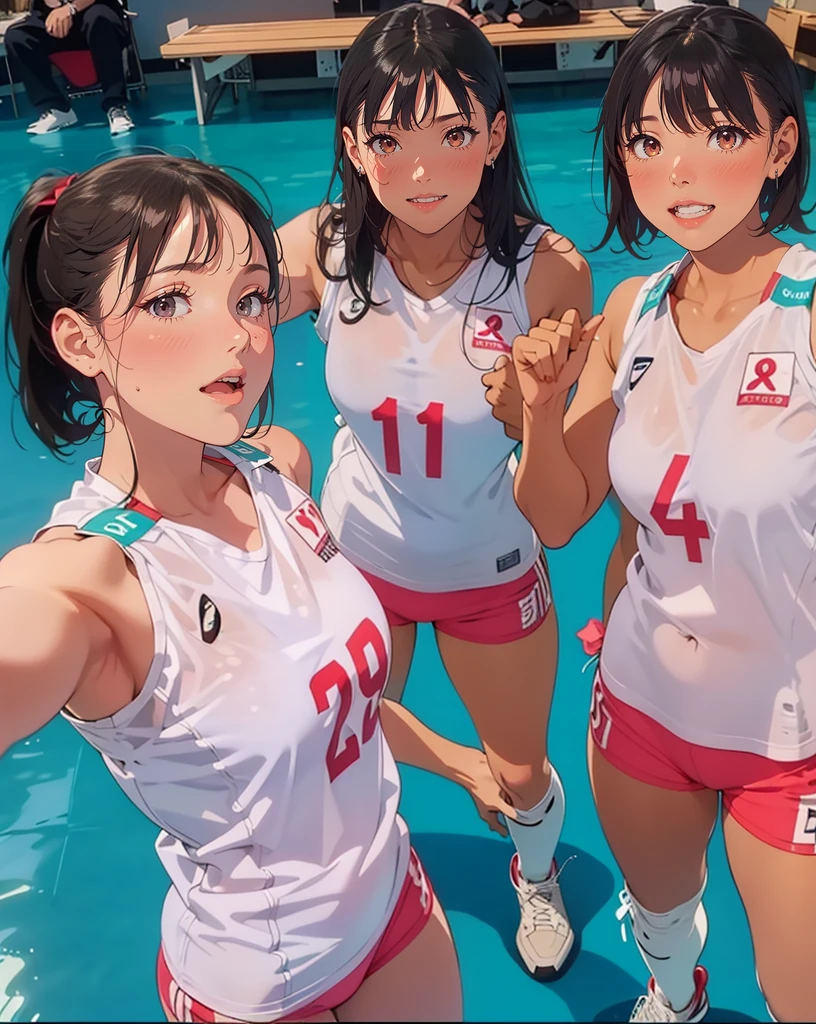 (Cute eyes:1.2), (Sparkling eyes:1.2),(Beautiful Eyes:1.2), Highest quality,wonderful,finely,Highly detailed CG Unity 8k wallpaper, (The three of them lined up and hugged:1.3),(Caressing the pussy:1.5),(Three people with different heights:1.5), (Three Girls, Volleyball Player, Skinny body, Dressed), (Huge breasts), (Open your mouth:1.1),(Black knee socks:1.3),(Thighs:1.3),(Waistline:1.2),(Matching white volleyball uniforms:1.2),(From behind:1.2),(Beautiful eyes:1.2),(Different hairstyle),(Seniors and Juniors:1.3),(All three have different eye colors:1.5),(All three have different skin colors:1.5),(Thighsまで隠れるニーソックス:1.2),(Very short pants:1.3),Upper Body,(Players' Dressing Room:1.3),(Japanese Representative:1.3)