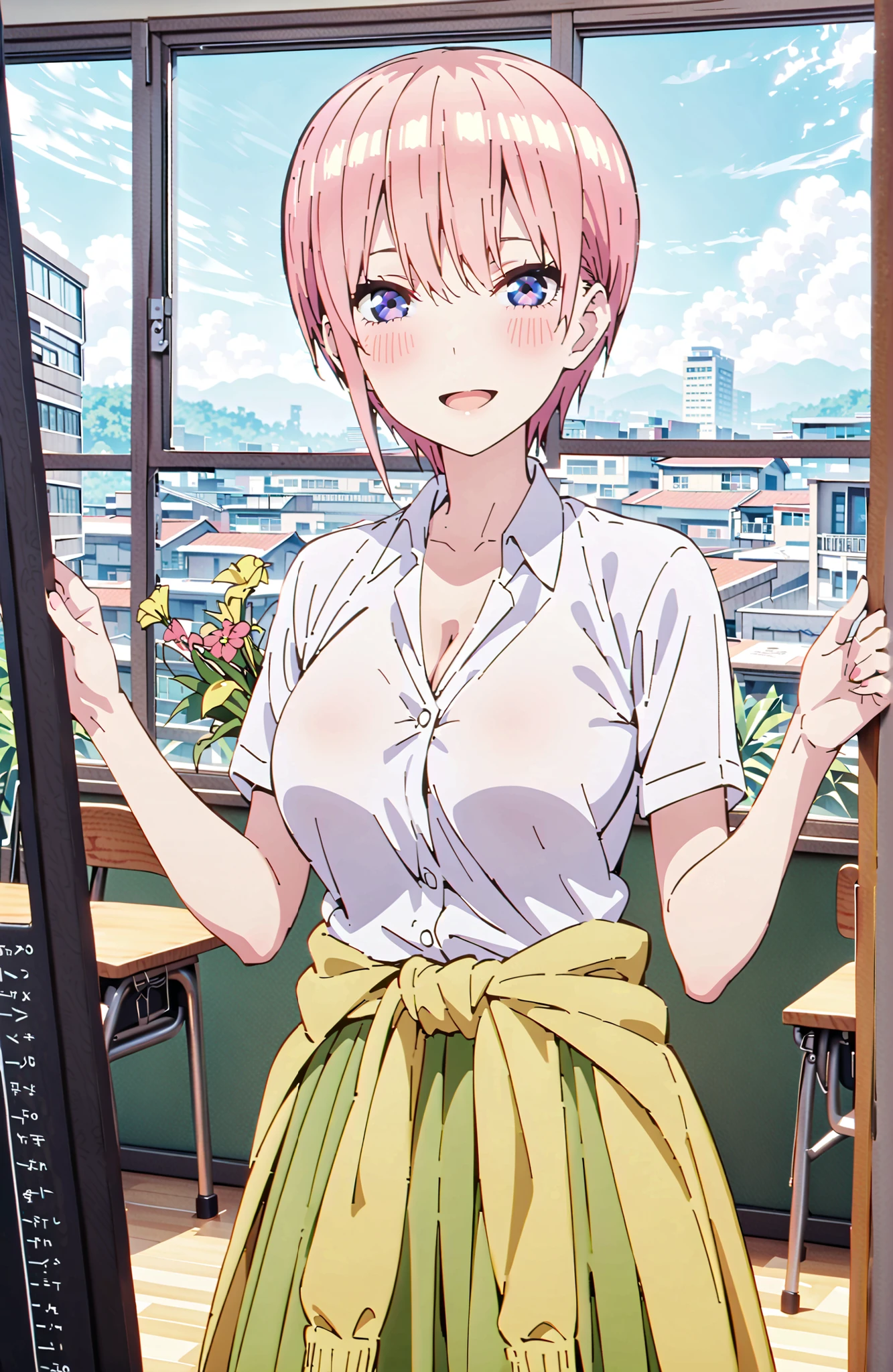 Nakano Ichika, short hair, solo,bungs, blue eyes, hair between eyes, pink hair,Big Breasts, cleavage,in their 40s skirt, shirt, uniform, white shirt, Short Sleeves, green mini pleated skirt, collared shirt, white socks, yellow clothes around the waist,Short sleeve,Holding a yellow bouquet with both arms, Flower blowing snow,smile,blush,open your mouth,standing,curtains,window,machine,chairs, Beautiful Streetscapes,noon,blackboard,in their 40s indoors, Classroom,
in their 40s looking at viewer,full body,
in their 40s (masterpiece:1.2),Highest Quality ,Kampala,unity 8k 壁紙,(shape:0.8),( fine and beautiful eyes :1.6),It's a person ,full body写真,CG Details , (perfect hand in h,Complete Anatomy),