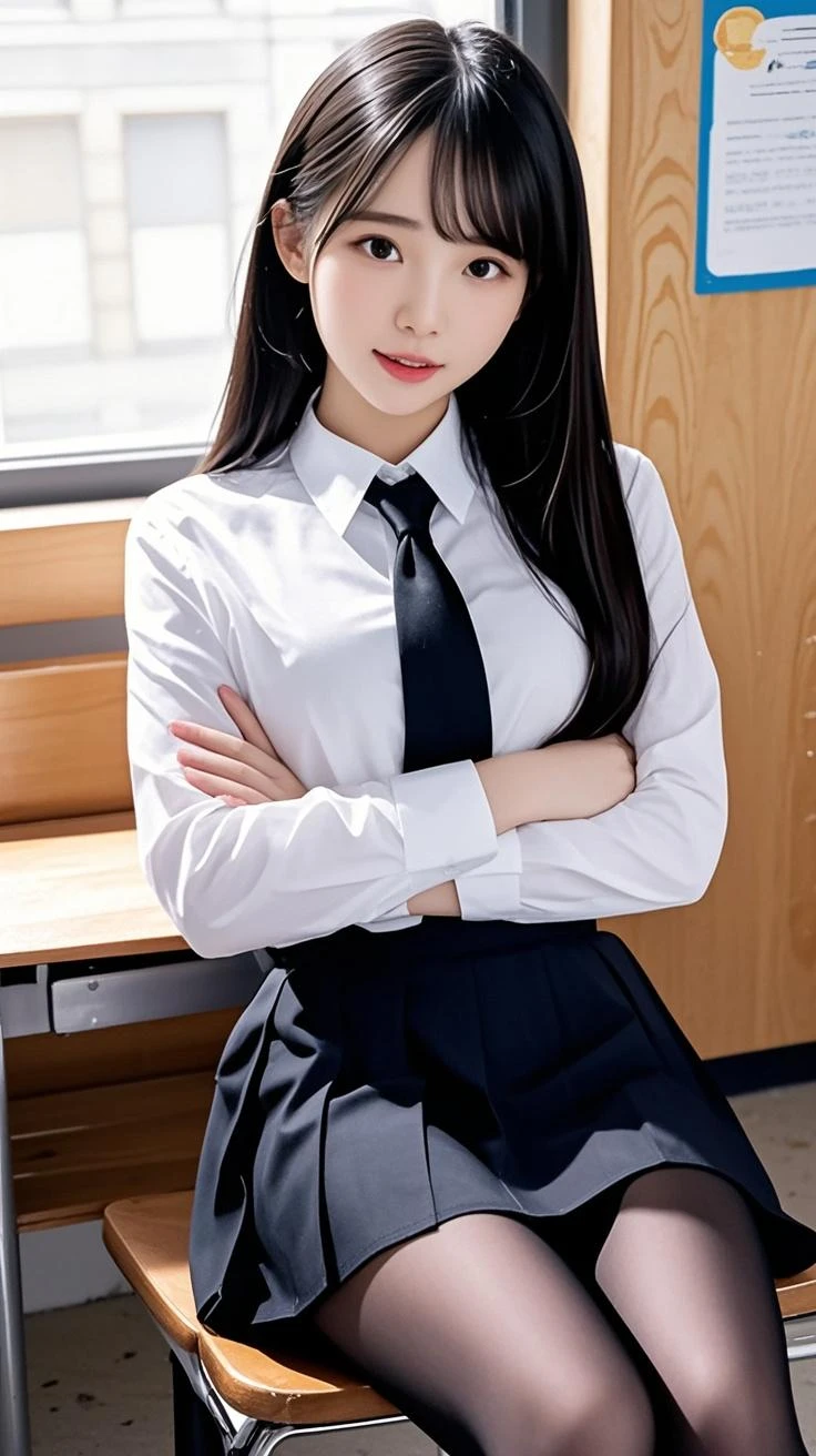 (high quality), (NSFW:1.2), (school _uniform :1.2), (split screen:1.3), (A delinquent:1.3),(girl's pantyhose:1.1), glamorous and mature high school girl and a Korean adult man enjoying a smartphone chat app, Her smartphone display shows a number of Korean adult men chatting to a high school girl., Their chat language is English, Men are waiting for her response, popup window, And there's a man, This man is requesting a chat with her on the smartphone screen. Chat takes place alternately between women and men..