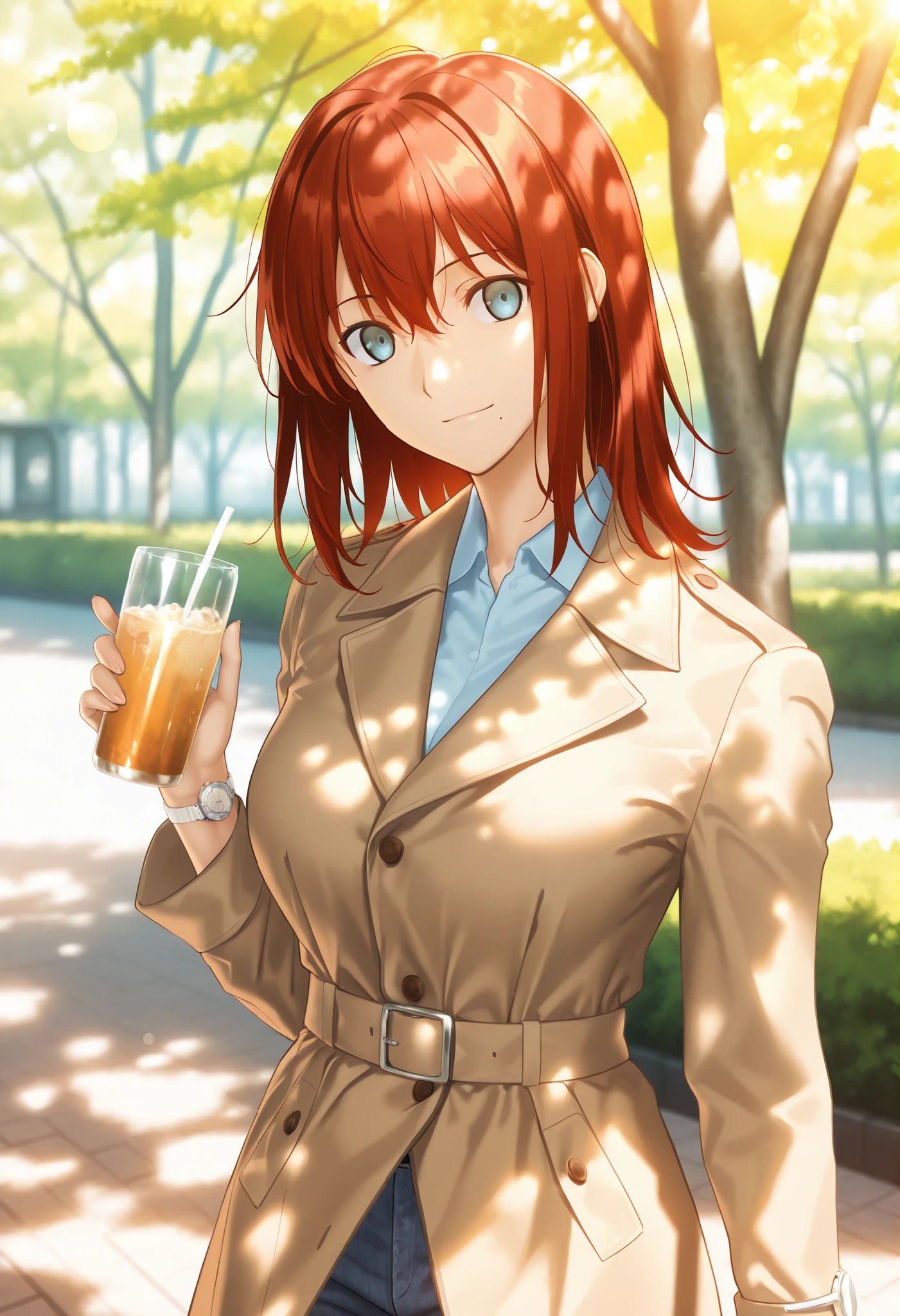 masterpiece, , absurdres, highres, detailed background, high resolution, masterpiece, necessary, detail, best quality, quality, necessary, details, High details, Precise, outdoors, (dappled sunlight), day, lens flare, blurry background, from above, solo, ,
1girl, , (type-moon,) style, koyama hirokazu style, ,, shiny skin, mole under mouth, , (head tilt), light smile, one wrist watch, holding soft drink ,
tall girl, mature, slim body, slender body, brown red hair, medium hair, light blue eyes, , ,medium breasts, hair between eyes, , ((trench coat)) , , long sleeve, denim, looking at viewer,, (aged up:1.5), ,