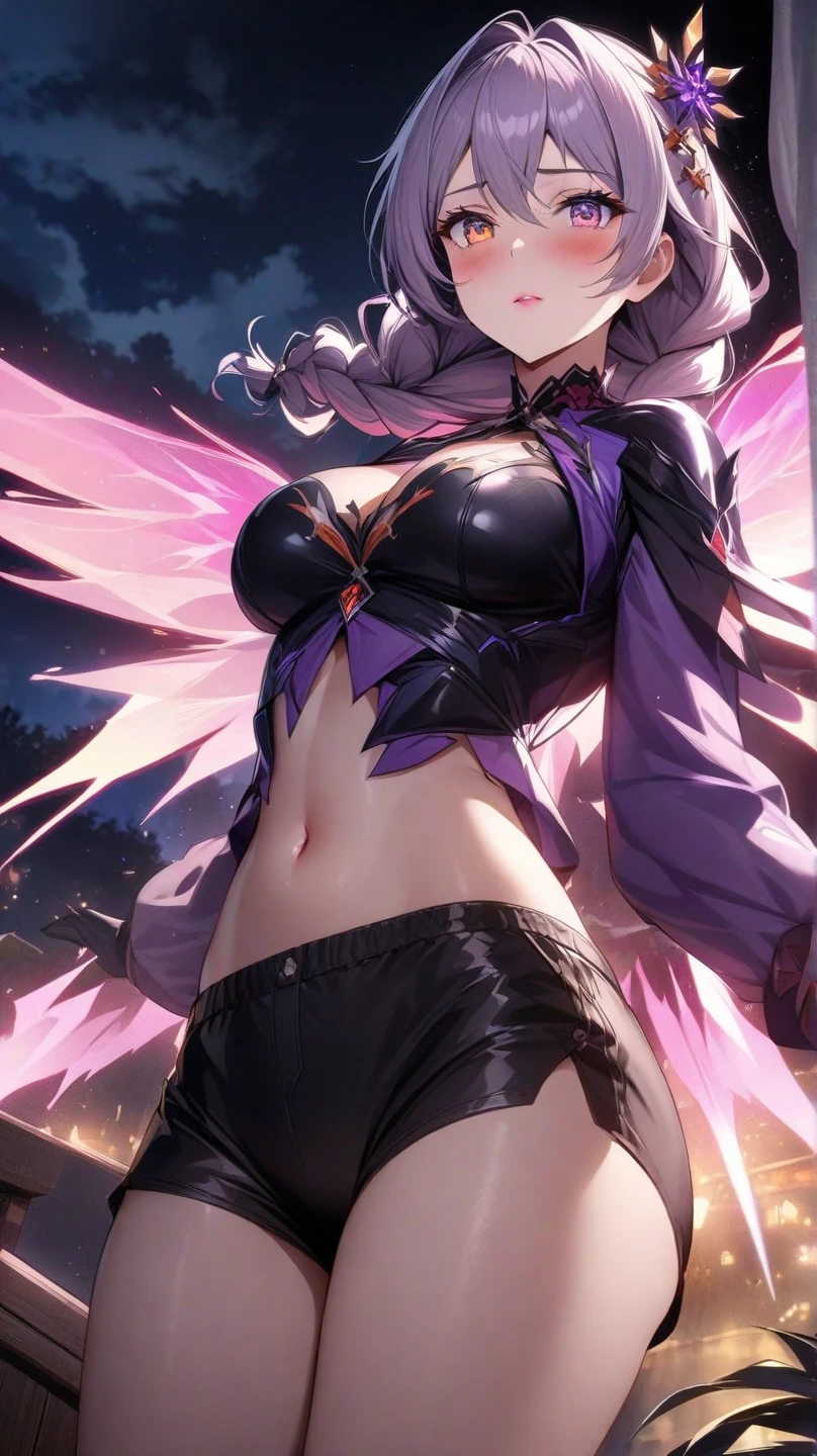 ((masutepiece)), ((Best Quality)), ((anime profile style)), ((HD 4K)), ((Brown skin)), ((Perfect Anatomy)), ((older Woman )), Woman, ((Female face)), Happy, ((Smiling, Open mouth)), ((light lilac eyes)), eyelid, Sclera, Iris, eyebrow, Eyelashes, fox ear, Nose, ((hair giant lilac)), ((fringe)), ((Hair details)), ((lights effect on hair)), ((Women's pink zipper sweatshirt set)), ((clothes light effect)), Neck, Shoulder chest)), (thin waist), ((Perfect tummy)), missiles, ((thick legs) Background)), ((Lighting))