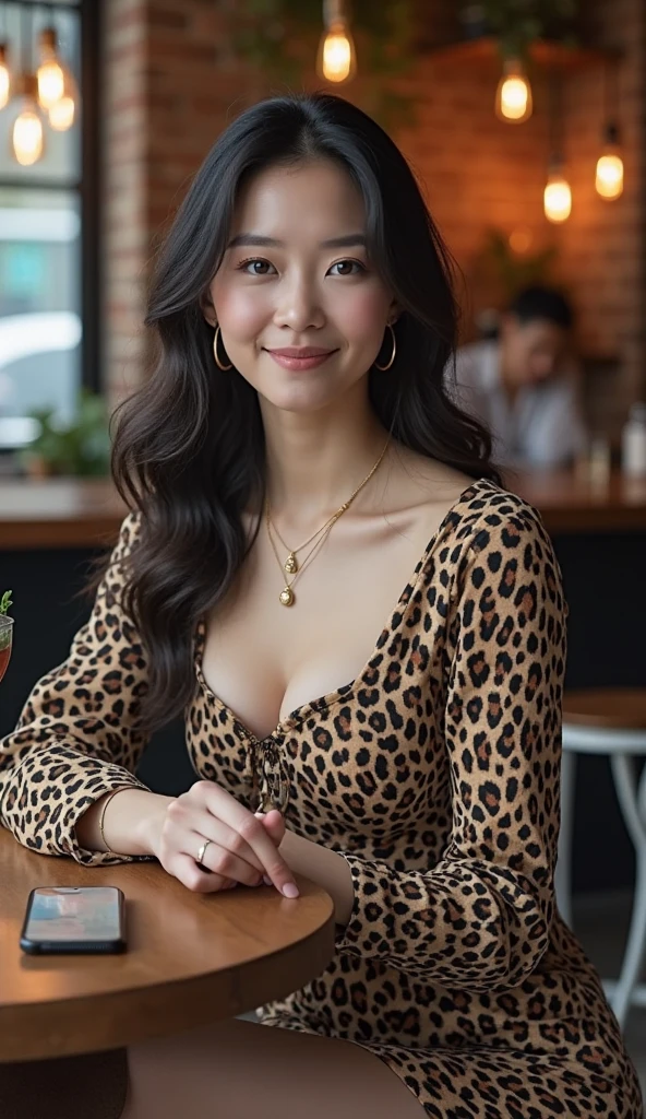 Half-length glamour portrait, nikon D850, f1.6 lens, 200mm, DSLR, 22 Megapixels, (((Sunny terrace overlooking the city rooftops scene))), shot of a stunning 19 years old korean girl, (smile:1.4), (wearing leopard print jumpsuit with a leather belt:1.6), ((seductive pose)), hot girl, (((big natural breasts))), (((black fringe hair))), (small girl), symmetrical face, photorealistic, photography, (bright natural lighting), gorgeous, deep cleavage, (masterpiece), best quality, high resolution, extremely detailed, cinematic lighting, (((very narrow waist))), rich colors, hyper realistic, lifelike texture, ((jewelry)), (((She has beautiful hands and wears rings))), (bracelet), (necklace), (ankle chain), (nail polish) (earrings), Fuji Superia 200, 8k