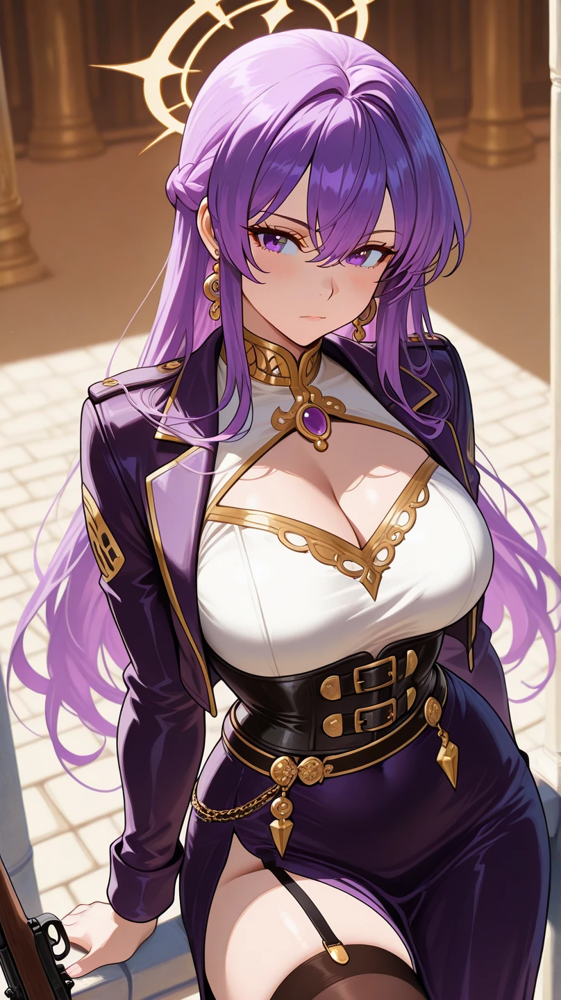 masterpiece, best quality, <lora:crymaria-nvwls-v1:0.8> crymaria levin, red eyes, choker, fur hat, epaulettes, jacket on shoulders, purple dress, detached sleeves, large breasts, from side, looking at viewer, village, emotionless, thigh boots, hands to hips