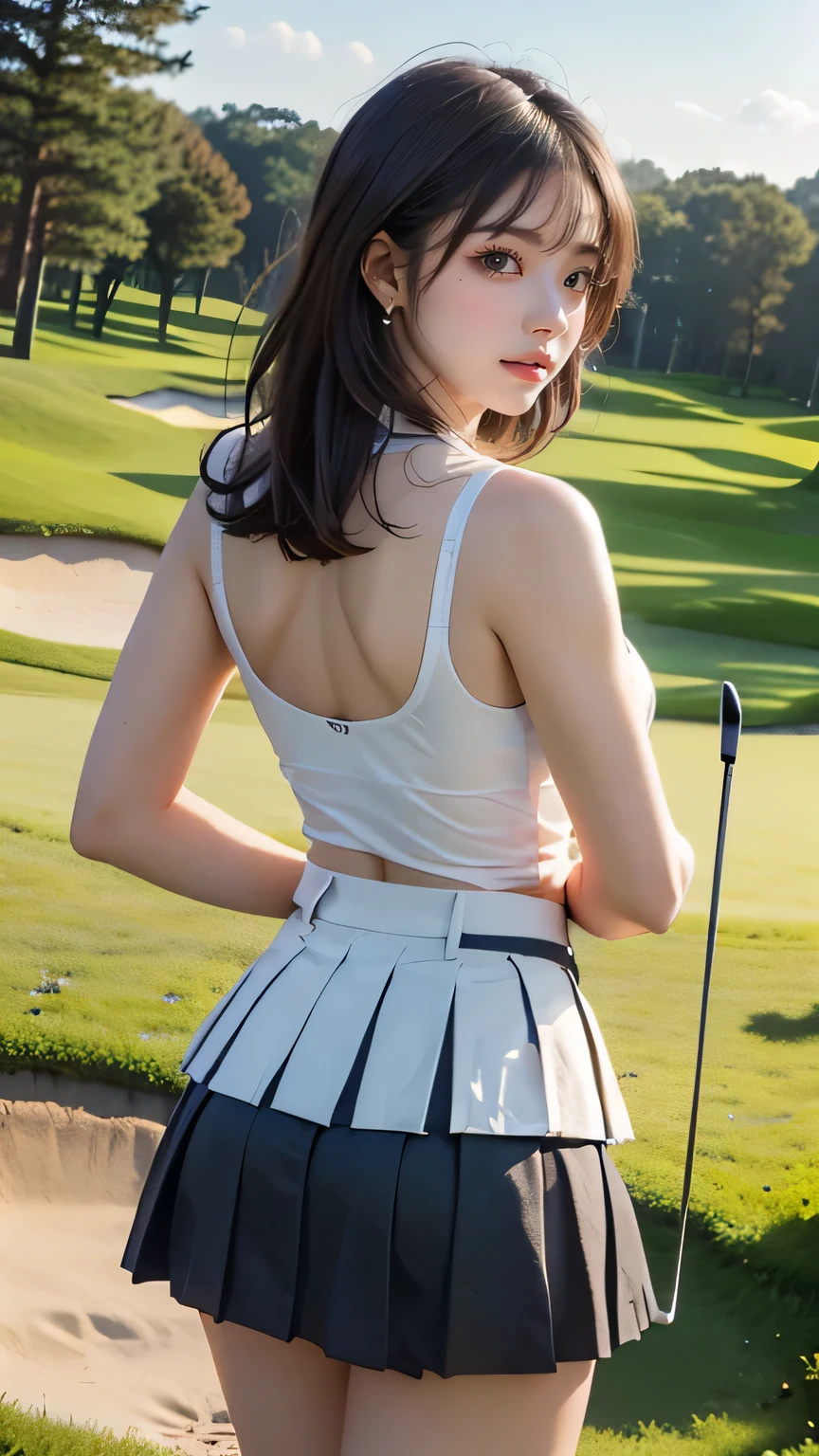 Highest quality、Golf course、sexy、woman、Very well-formed face、ponytail、Sun visor、Golf Wear、Very large breasts、Big Breasts、Exposed cleavage、Open-chested clothing、A bust that seems to be bursting、Big Butt、Big Asini skirt、Panty shot、Skirt flip、Golf club、