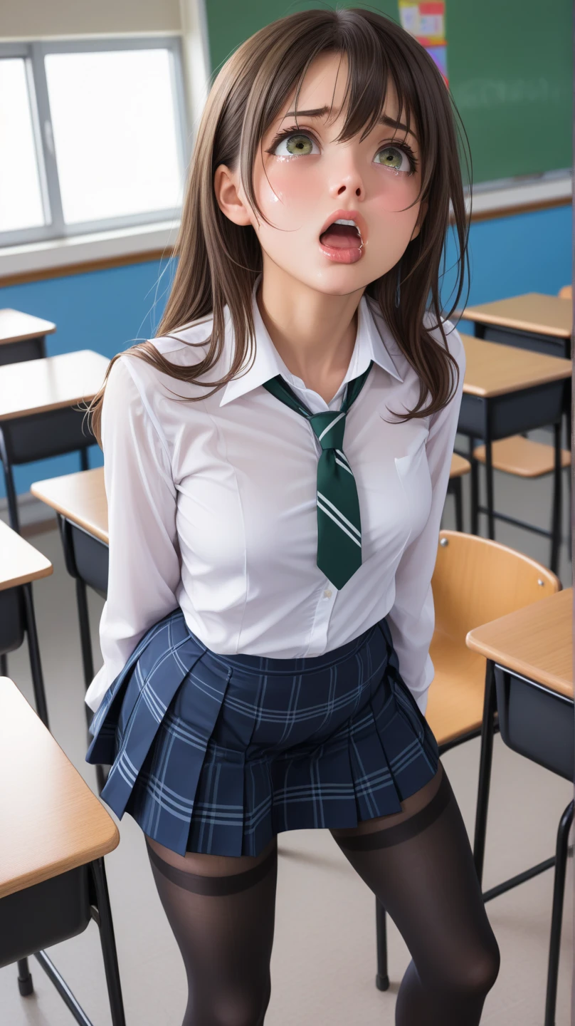 nsfw ((1girl)), ((Best Quality)), (Ultra-detailed), (extremely detailed CG unified 8k wallpaper), Highly detailed, High-definition raw color photos, Professional Photography, ((Beautiful big breasts)), Peanut butter brown hair, Amazing face and eyes, Pink eyes, (amazingly beautiful girl), School, (school uniform with open breasts ), (without panties:1.2), cameltoe, sitting, (legs wide open),