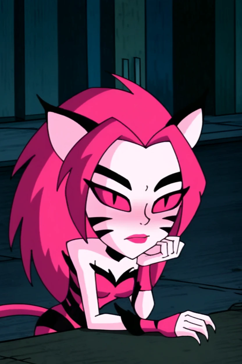 NyaNya, 1girl, solo, pink eyes, pink hair, pink skin, long hair, cat ears, pink sclera, cat tail, claws, slit pupils, pink lips, whisker markings, pink leotard, fangs, bare shoulders, choker, best quality, masterpiece, park