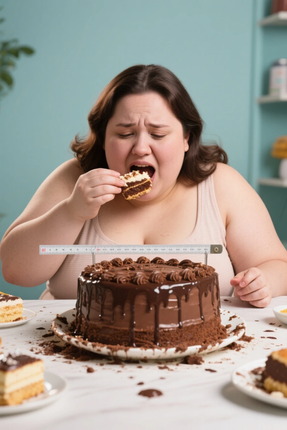 fat woman, woman about 40, loves to eat sweets and eats them greedily, mouth full of food, saliva drips from mouth, cheeks swollen