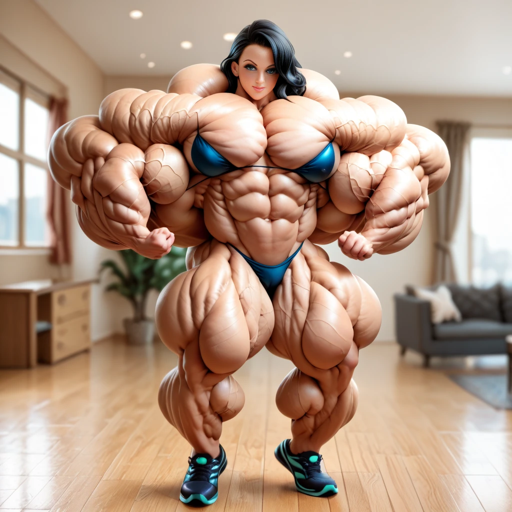 A beautiful, huge, enormous, buff, giant, Asian, Female bodybuilder, muscle goddess, huge arms and huge legs, giant boobs, enormous muscles, big beautiful eyes, long hair, running down a road, barefoot, wearing a skirt, photorealistic
