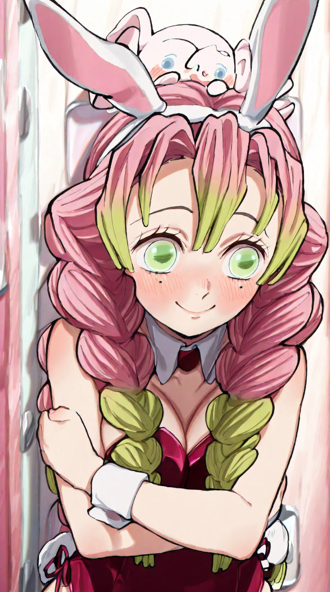 (masterpiece, best quality), intricate details,
MitsuriKanroji, kanroji mitsuri, 1girl, solo, long hair, winking, green eyes, pink hair, braid, green hair, twin braids, smile, cute smile, blushed smile, blush, blushing, large breast, huge breasts, bikini top, headshot, collarbone, neck, bare shoulders, pink bikini top, cleavage, in frame, peeker, top angle, shot from above, head shot, perfect shot, plain background, white background, photoshoot, complete head in frame, top of head, zoomed out, top of head, perfect shot, perfect framing,