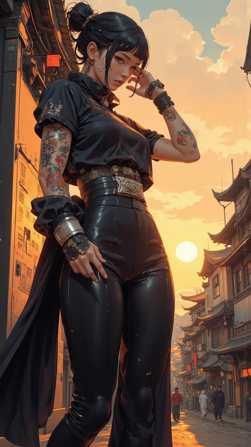 (((woman))), (((best qualityer))), (((tmasterpiece))), (((AS-Adult))), ((( Japanese ))), Look up from your knees, A beautiful asian samurai woman with perfect body, Modern samurai, ((( Asian))), Wear gloves on your hands，The left arm is made of steel and metal tipade of protective devices, The eyes are pulled, (( Appears below the breast )), (( Small dental floss )), Simon Bisley, Almost naked（Simon Bisley）Castle City Wilderness，For high-resolution posters, hair straight, Minimum clothing, armure (Crazy clothes ), Full of tips and rivets, tribal tattoos, (((full bodyesbian))), Straight brunette hair，Colored hair ends