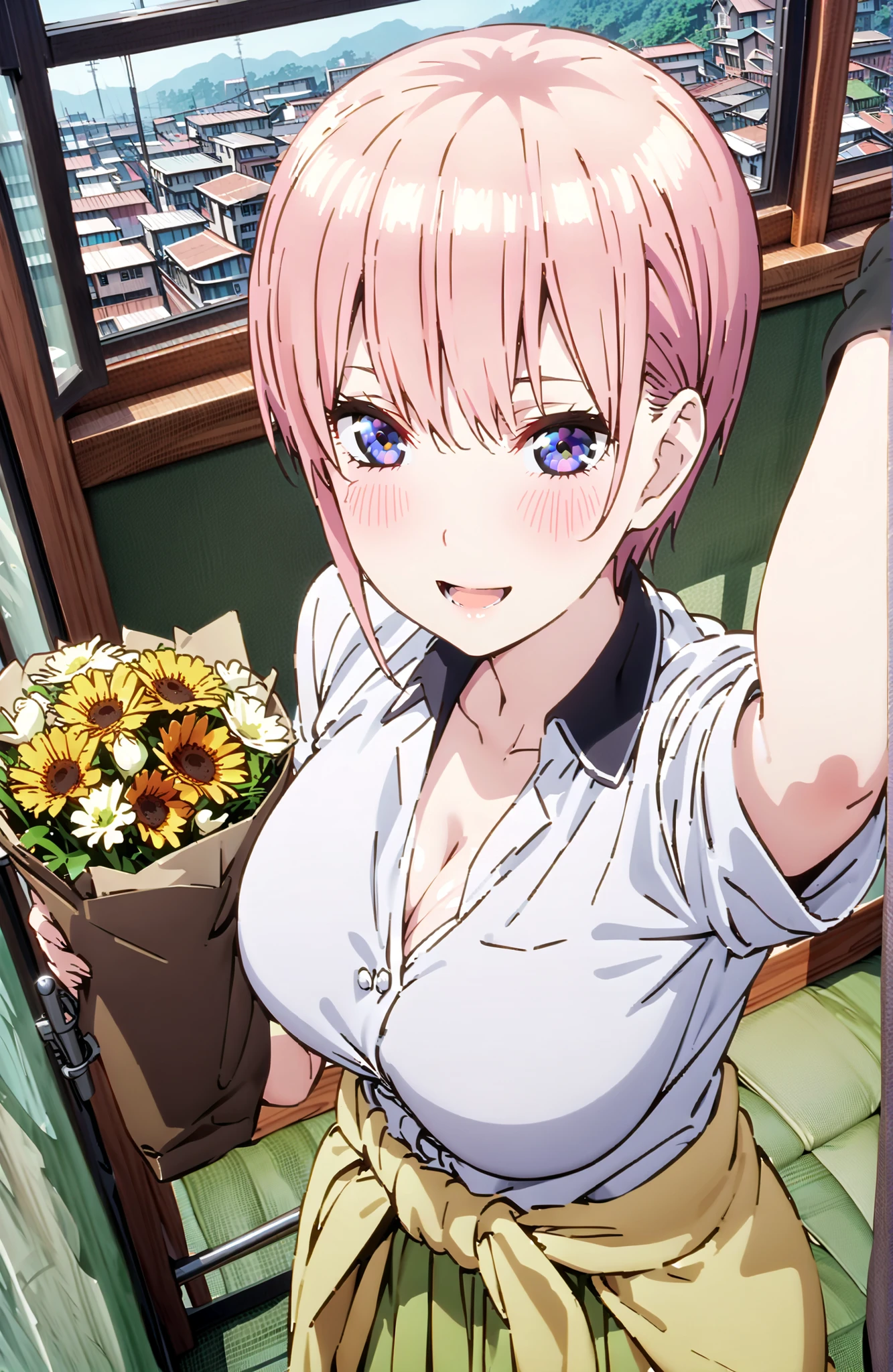 Nakano Ichika, short hair, solo,bungs, blue eyes, hair between eyes, pink hair,Big Breasts, cleavage,in their 40s skirt, shirt, uniform, white shirt, Short Sleeves, green mini pleated skirt, collared shirt, white socks, yellow clothes around the waist,Short sleeve,Holding a yellow bouquet with both arms, Flower blowing snow,smile,blush,open your mouth,standing,curtains,window,machine,chairs, Beautiful Streetscapes,noon,blackboard,angle from above with bib,in their 40s indoors, Classroom,
in their 40s looking at viewer,full body,
in their 40s (masterpiece:1.2),Highest Quality ,Kampala,unity 8k 壁紙,(shape:0.8),( fine and beautiful eyes :1.6),It's a person ,full body写真,CG Details , (perfect hand in h,Complete Anatomy),
