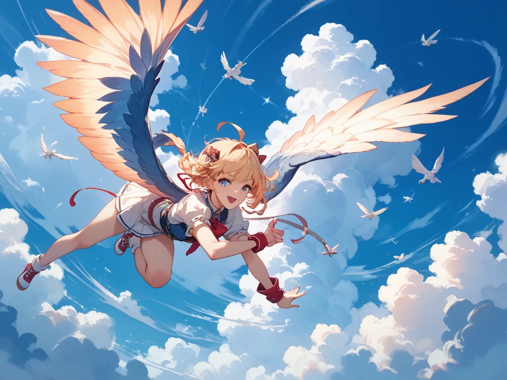 anime girl with horns FLYING THROUGH THE AIR, barefoot, CLOUDS, BEAUTIFUL FEET