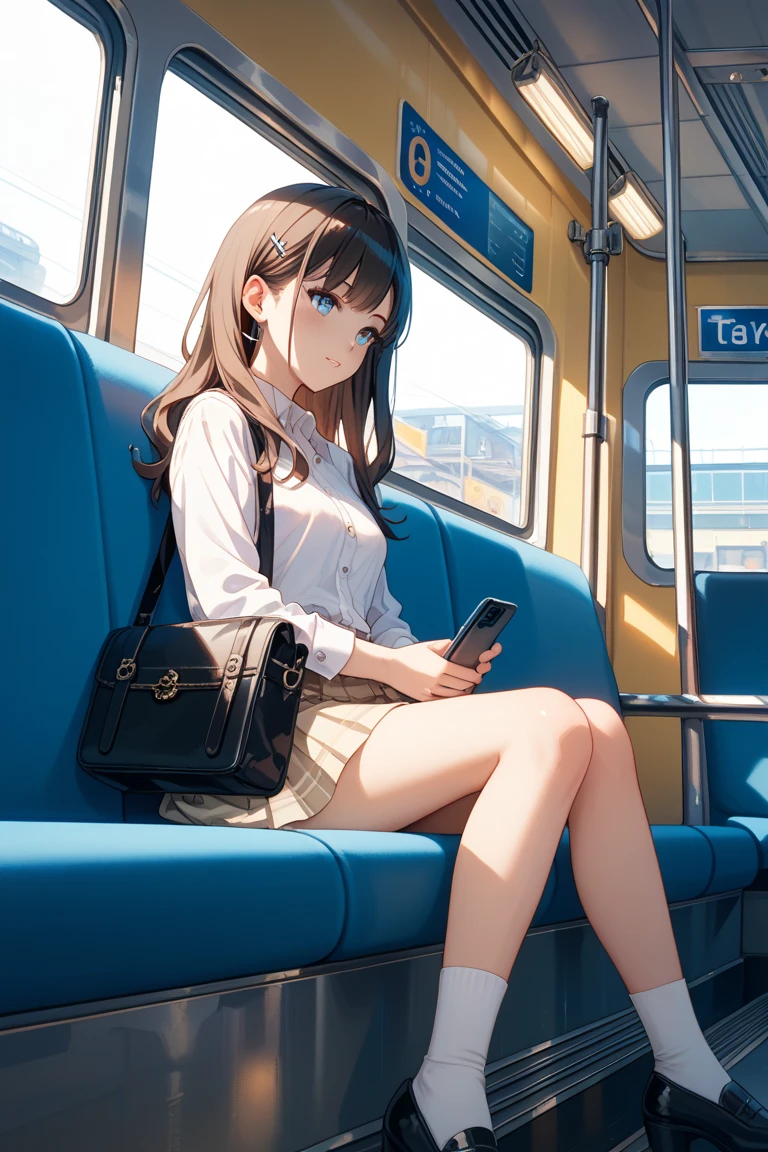 (1) sitting alone on a long train seat,Sit with your legs apart,Showing white panties, Composition from the front,Low Angle,
(2) I'There is a JK, She is wearing a miniskirt uniform, Sailor suit and loose socks.,
(3) I have medium length brown hair,
(4) Provocative, smirking expression.,
(5) The location is a long seat on the Yamanote Line at night..,There are no other customers,The view outside the window is the night view of the city.