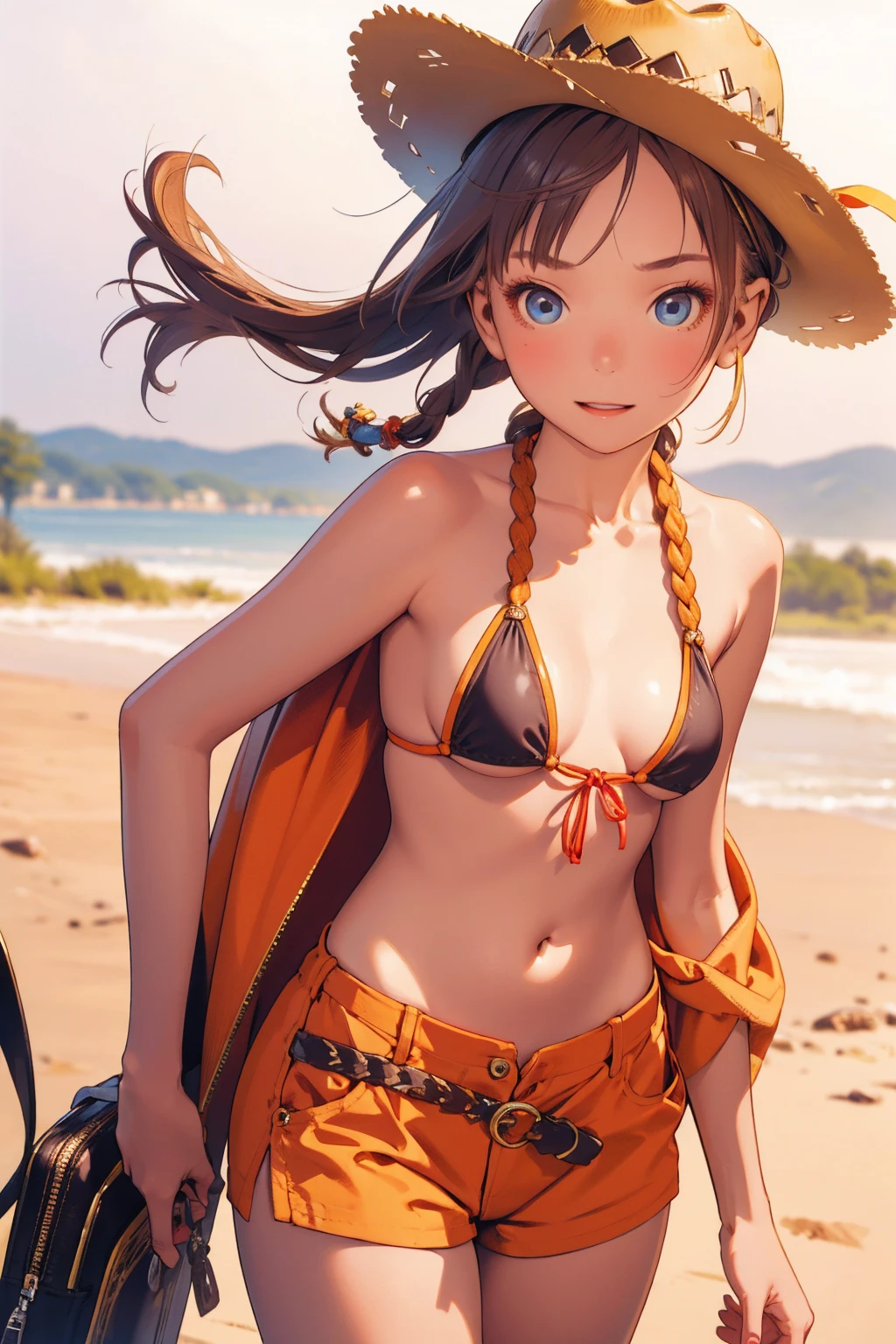 (top-quality、magnifica、very high res、super profit、High quality pixels)、(1girl,She is a mysterious and bewitching woman、And she is 18 years old、1 person、Single、独奏:1.5)、(She is a very beautiful woman with a beautiful face)、(Beautiful face written in detail,Beautiful body,Eyes with a strong will,Beautiful eyes,beautiful and colorful hair,Beautiful skin texture,Beautiful hair quality,Variety of hairstyles)、(Slender body and beautiful breasts)、(lovely smile,Open mouth)、(Underwear,Bra in bra,Orange bra,dress room,Changing clothes1.2),(Underwear models),Beautiful Art Style,an animated character、(The whole picture、Detailed picture、accurate anatomy、Defect-free images、extremely detailed picture、Accurate images、Perfect Image 1.5)、(Best Shot Photos)