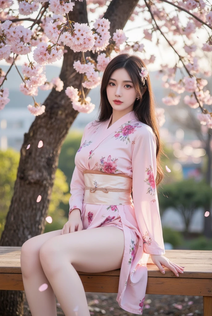 Large Breasts、pink kimono、Cinematic atmosphere、Professional composition、Natural Body、fantasy,flower arrangement、looking at the camera、real、nature