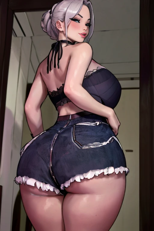 (Masterpiece, Best Quality, High Quality:1.4), (professional artwork, extremely detailed girl:1.0), 8k, detailed eyes, perfect face, 1girl, (voluptuous, mature female, plump, large lips:1.2), wide hips, thick thighs, heavy makeup, top heavy, bursting breasts:1.4), (skindentation, long eyelashes, dark eyeshadow, looking at viewer, bright eyes, close up, tank top, tattoo, tattoos, facemask, crazy smile, crazy eyes, from behind, huge ass, smug smile, pants pulled down, panties