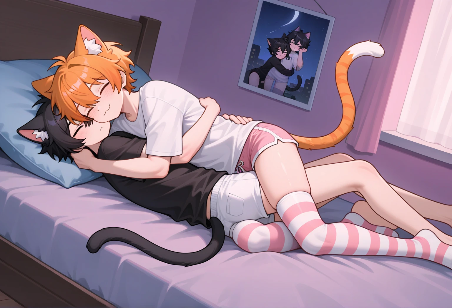 gay, (1boy), normal body, cute boy, orange hair, spiky hair, short hair, bangs, blue eyes, cat ears, cat tail, shota boy, blush, cry, nude, have small penis, (2boy), brown hair, spiky hair, short hair, long bangs, red eyes, muscular body, big body, elf ears, have big penis, 1boy hug with 2boy, kissing tongue, penis put in ass hole, cum, saliva, in bed