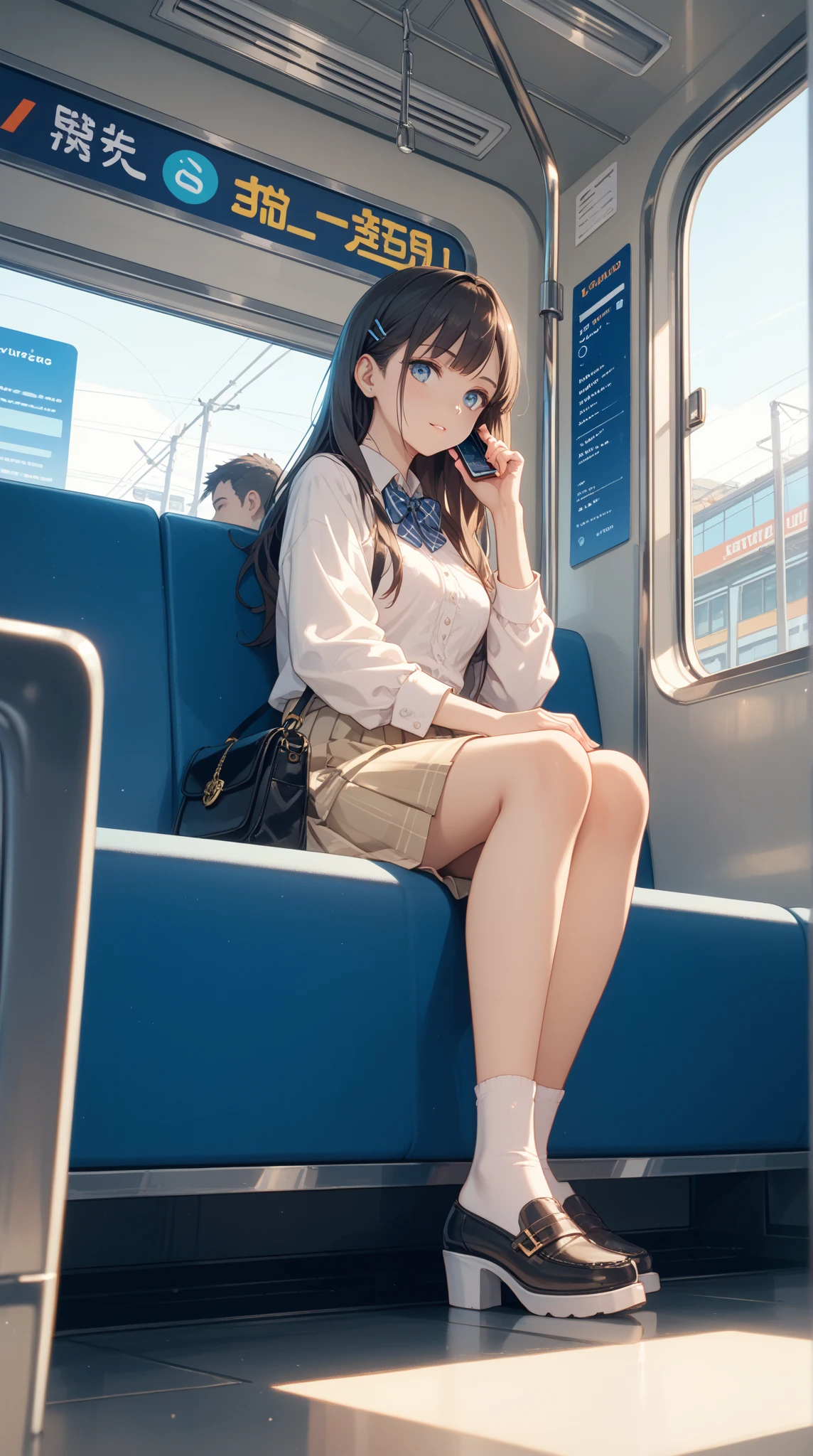 realistic anime illustration of a young beautiful black hair woman waiting train at platform, she wearing black sleeveless collared shirt, light-blue denim pencil skirt, and black heel sandals, (1girl, solo, full body), (masterpiece, best quality), vivid colors