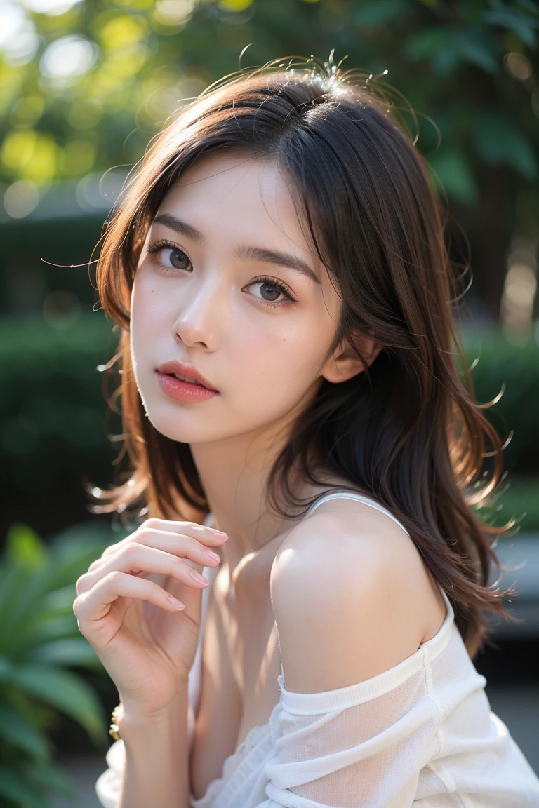 (beste-Qualit、8K、masterpiece)、(The best illustrations)、extremely delicate and beautiful、Unity、Amazingly fine detail、Super-High Resolution、extra detailed face、Superbly detailed eyes、(Best Shadows:1.1)、(photo realistic1.3)、Realistic facial proportions、a handsome female、独奏、(large :1.5)、Slimmiling at the viewer、(Sheer shirt:1.4)、(makeups:0.4)、Dark brown hair、bobhair、(irregular skin imperfections、vein、Wrinkled pores on the skin:1.1)、(bokeh dof:1.4)、cowboy shot、a parkday