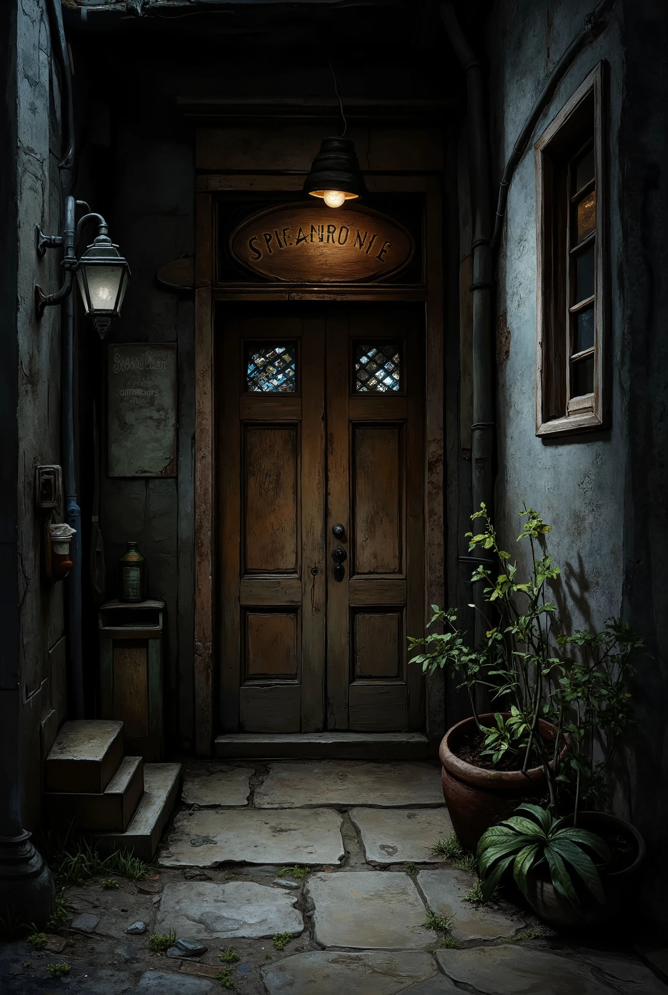 Back alley with old wooden doors, Hidden speakeasy entrance, Secret Door , dim atmosphere, Old-fashioned atmosphere, high resolution, realistic, 4K, HDR, High Quality, Extraordinary Expression, realistic texture, professional, Vivid Colors, bokeh, Narrative interior scene, Delicate Light and Shadow, Painting-style , Dark brown tones, enigmatic atmosphere