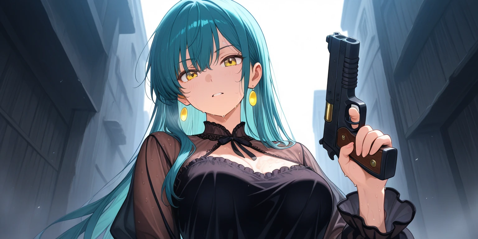 1girl, cowboy shot, 
, choker, long hair, blue hair, red lipstick,
standing, narrow waist, wide hips,
, range murata and artgerm, masterpiece, best quality, ((unbuttoned , cleavage, necklace, earrings, sexy body,
breasts)) , micro skirt, smiling, navel , exposed belly, exposed navel,(nsfw) not safe for work,school,
classroom , holding a gun, hold a gun