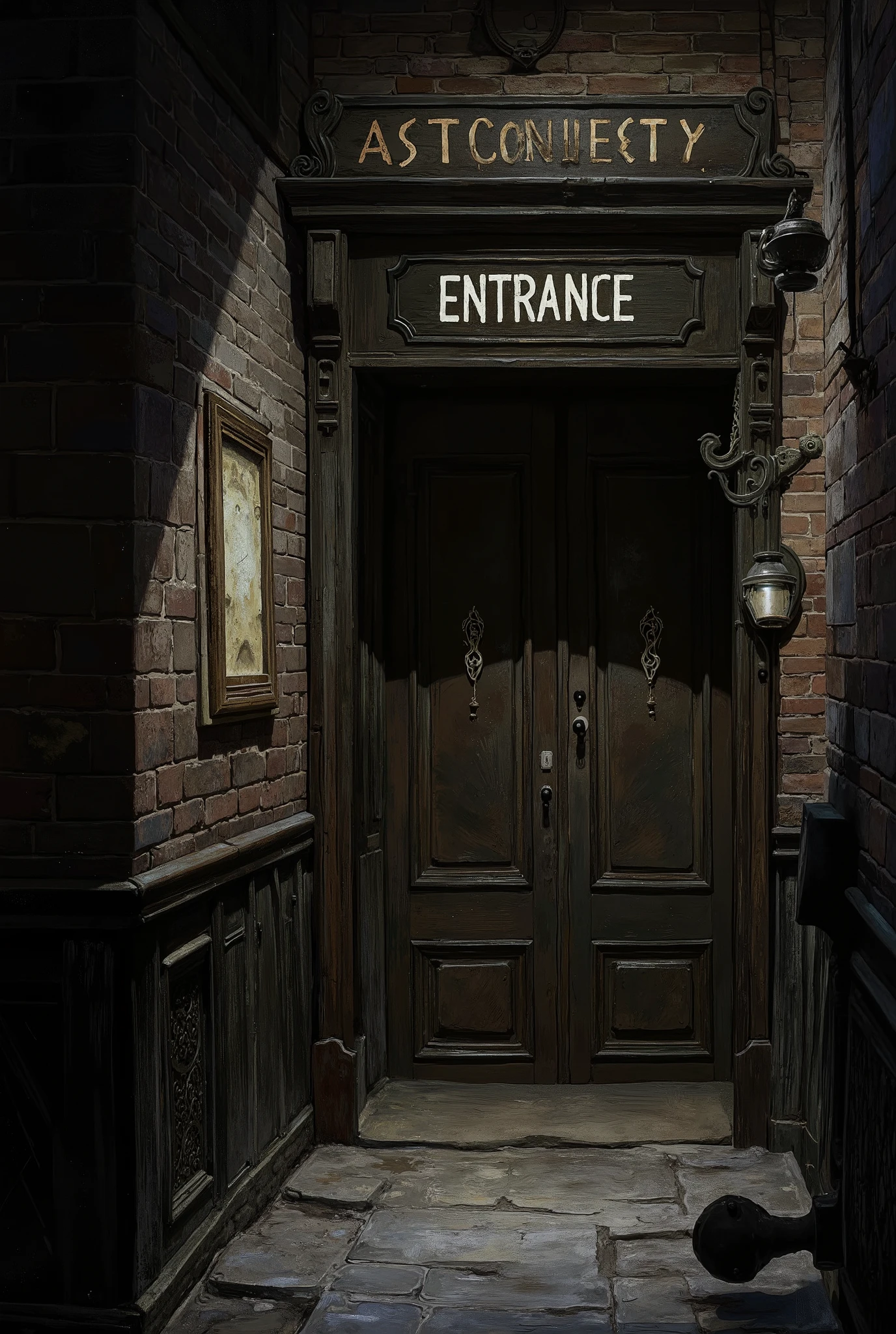 Back alley with old wooden doors, Hidden speakeasy entrance, Secret Door , dim atmosphere, Old-fashioned atmosphere, high resolution, realistic, 4K, HDR, High Quality, Extraordinary Expression, realistic texture, professional, Vivid Colors, bokeh, Narrative interior scene, Delicate Light and Shadow, Painting-style , Dark brown tones, enigmatic atmosphere