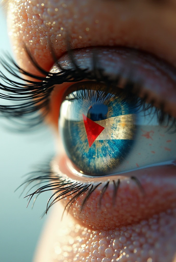 A photo of an eye that covers the entire background of the image, with the pupil reflecting a television screen, a cell phone, and a billboard. Inside the pupil, The ads seem to come to life, with vibrant colors and moving figures. Out of the eye, the world looks duller and around the eye, Small human figures seem to be trapped at the edge of the pupil, as if they were absorbed by advertising. And end with a text that says “Every day we are bombarded with more than 5,000 ads. Ads don't just sell products, They sell ideas, DREAMS, and even fears.”