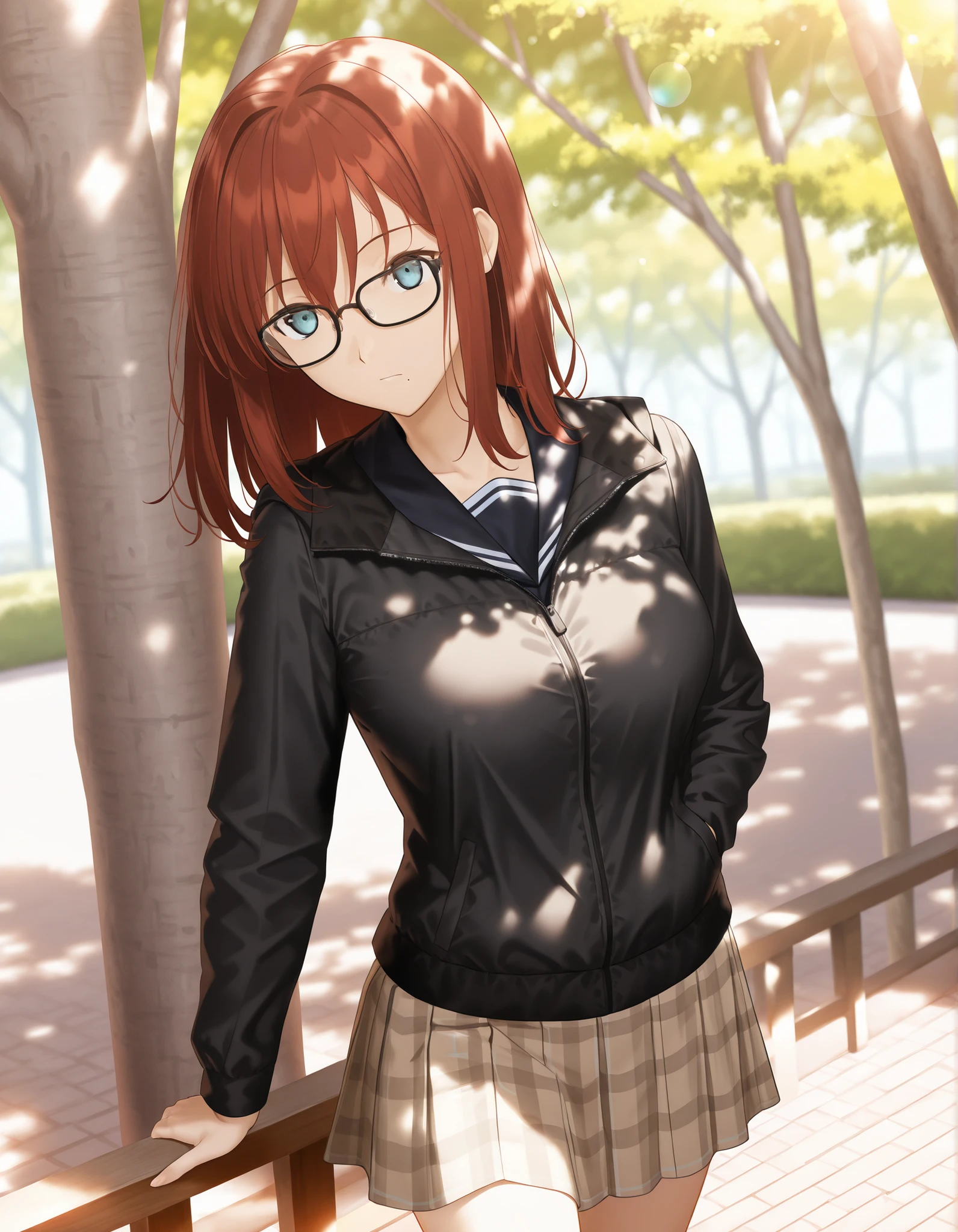 masterpiece, , absurdres, highres, detailed background, high resolution, masterpiece, necessary, detail, best quality, quality, necessary, details, High details, Precise, outdoors, (dappled sunlight), day, lens flare, blurry background, (from above, ),from side solo, ,
1girl, , (type-moon,) style, koyama hirokazu style, ,, shiny skin, mole under mouth, thinking, (head tilt),
tall girl, mature, slim body, slender body, brown red hair, medium hair, light blue eyes, black frame glasses, , hair between eyes, dark blue sailor, ((black down jacket, in blue seifuku)), , brown skirt, plaid skirt, black bow , striped bow ,cowboy shot , looking at viewer,, medium breasts, (aged up:1.5), ,