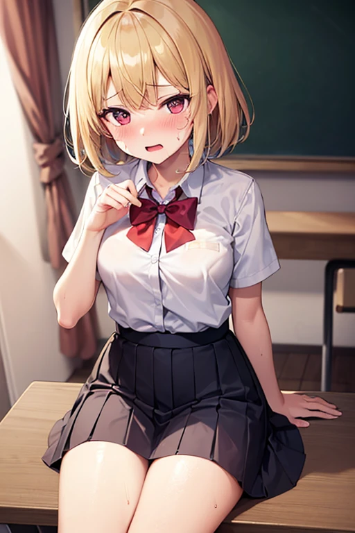 highest quality,best quality,1girl,1boy,((((10 years old)))),flat chest,orgasm,blush, sweat, sakurai momoka,blonde hair,white shirt,pink skirt,mini skirt,panty shot,upskirt,lift skirt,white panties,classroom