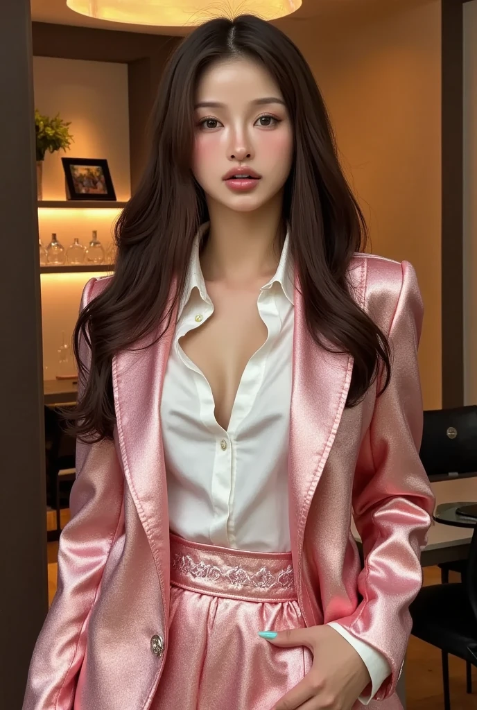 20-year-old、Lovely idol girl、cute、Korean women、Smile、Silk garments、Tight suit、Wearing a blazer(Leather black color)、Tight Skirt(Leather black color)、Realistic silk texture,Slim fit、Small Bust、Full Body Shot, RAW Photos, (8k、highest quality、masterpiece:1.2)、(Photorealistic:1.4)、 Vivid details, Realistic skin texture, Beautiful details in the eyes,