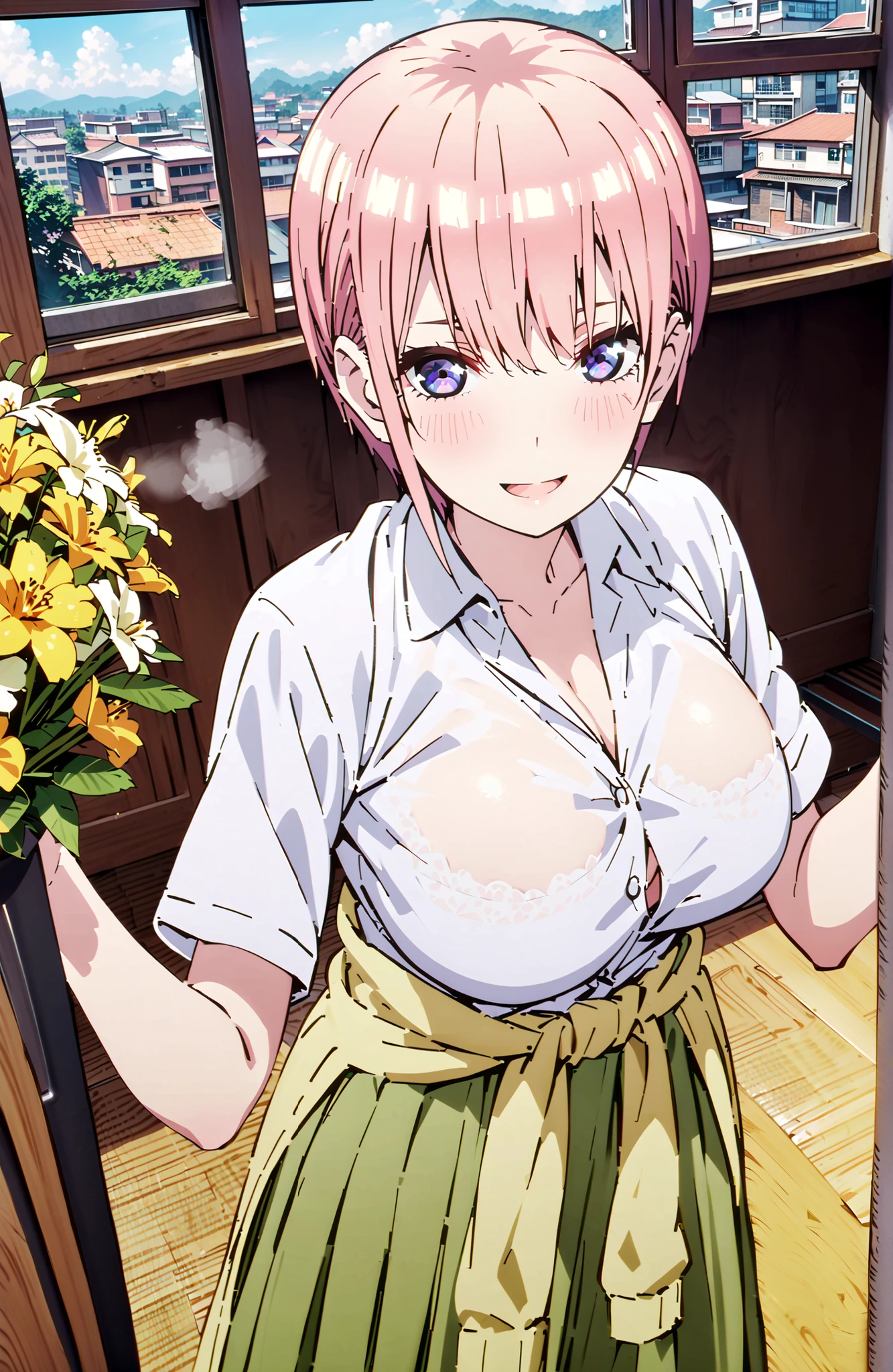 Nakano Ichika, short hair, solo,Bangs, blue eyes, hair between eyes, pink hair,Big Breasts, Chest,40s skirt, shirt, uniform, white shirt, Short Sleeves, green mini pleated skirt, collared shirt, White Sox, yellow clothes around the waist,Short sleeve,have yellow flowers on both arms,   snow blowing flowers ,smile,,open your mouth,standing,curtains, window,Machine,,  Beautiful Streetscapes,noon,blackboard,yellow clothes around the waist、wear a bib,40s indoors, Classroom,
40s looking at viewer,full body,
40s (masterpiece:1.2),Highest Quality ,Kampala,unified 8k wallpaper,(shape:0.8),( fine and beautiful eyes :1.6), It's a person   ,full body photo, CG Details  , (perfect hand in h,Complete Anatomy),
