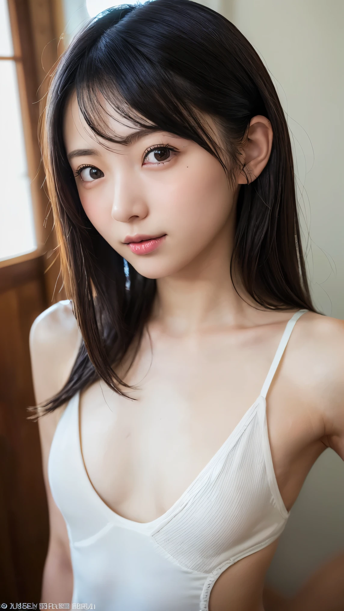 ((Highest quality)), ((masterpiece)), (detailed),Japanese,,Girl,(naked),(Childless face),Blue Eyes,nude,smile,plateau,night,long hair,(Sheer blouse),Small breasts,