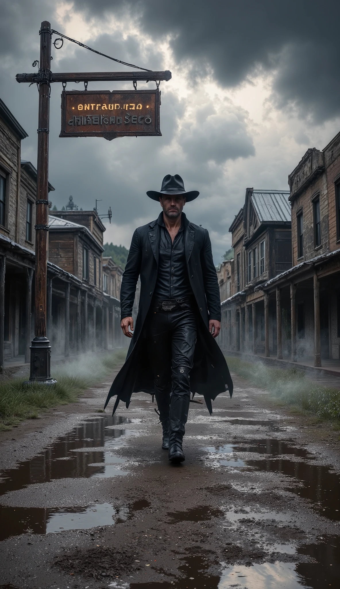 Hyper-realistic cinematic wide-angle 16:9 composition blending a dramatic storm-drenched western town and a lone gunslinger: Under torrential rain and thick fog, a deserted old west town sprawls across the frame, captured from a front-facing downward camera angle. Muddy dirt roads weave through rows of weathered wooden buildings, their rooftops slick and reflective under dramatic, diffused backlighting that cuts through stormy clouds above. The photorealistic textures of soaked wood, glistening puddles, and clinging mud shimmer with natural light, drawing the viewer into an immersive, rain-soaked environment of decay and silence.
Emerging into this ghostly townscape is Jack Crowley, the lone gunslinger. He walks steadily down the central road, heading into the town from the desolate outskirts known only as the “Entrada do Inferno Seco.” His silhouette is stark and cinematic: a long black leather duster clings wetly to his frame, swaying with each step. A wide-brimmed black hat shadows his eyes, while rainwater runs down his scarred face. Behind him, barely visible through the fog and storm, is a rusted, leaning sign that reads “ENTRADA DO INFERNO SECO,” hanging crookedly from a cracked post amid dying brush and skeletal wagon remains.
Dust swirls in brief bursts beneath his boots, mixing with thick mud as thunder rumbles in the distance. The few flickering lanterns inside the town buildings cast a faint, sickly glow against shattered windows and abandoned porches. The atmosphere is thick with suspense and ghostly tension — a town caught in time, waiting, breath held.
Lighting is soft, cinematic, and realistic, with deep shadows and pools of light reflecting in rain-soaked surfaces. A shallow depth of field isolates Jack slightly from the town behind him, adding emotional focus and storytelling weight. Subtle film grain and slight chromatic aberration emulate the look of a vintage 35mm film camera, enriching the tone with warmth and analog authenticity.
Mood: omi