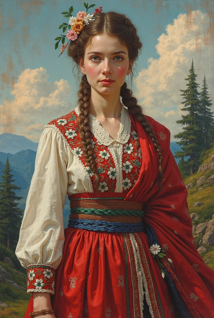 [Portrait of a young Russian girl in a beautiful scarf:20]Rich landscape, 19th century, russian village, birch, Russian paraphernalia, bench, Russian pattern, warm colours, higly detailed (( in the style of Todd Schorr)), Professional, ..SVG, 8K