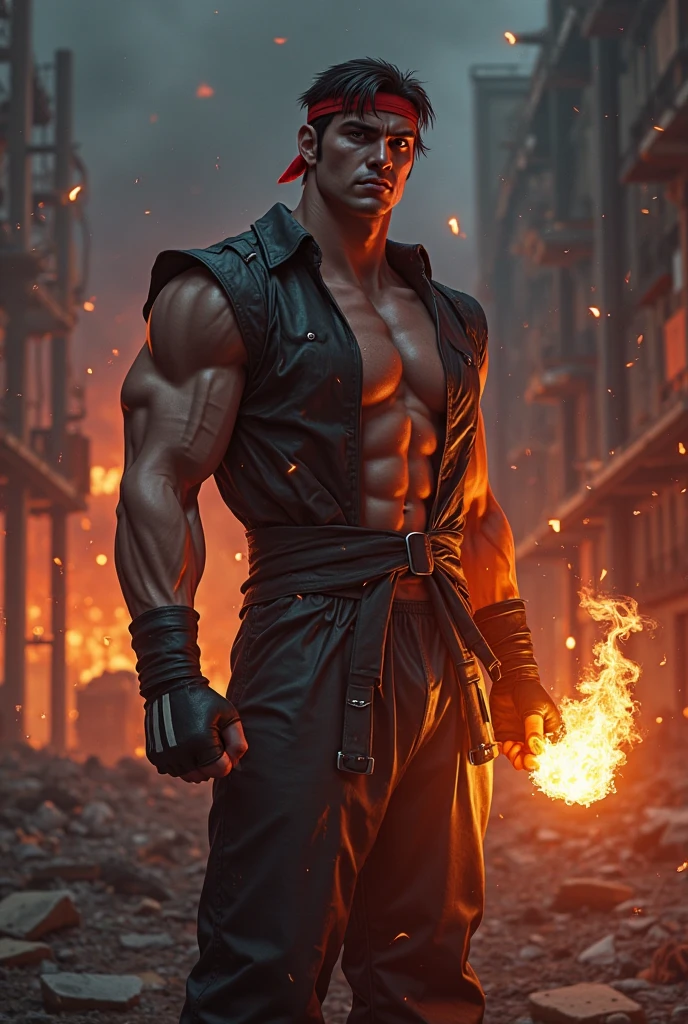 A strong, muscular man with short, fiery orange undercut hair and freckles, dressed in red and black clothing. He is strikingly handsome with a perfectly sculpted body. In battle, he wields fire magic, with flames engulfing the entire scene, creating a dramatic and intense atmosphere. He commands the fire with powerful, sweeping gestures, his eyes glowing with a fierce, fiery intensity that showcases his mastery of the element. The background is ablaze with vibrant flames, enhancing the sense of power and heat. The image is rendered in a photorealistic, hyper-realistic 8k style, with studio lighting. His combat pose is dynamic and aggressive, making the image powerful and cinematic, with intense colors, vibrant HDR, and dramatic chiaroscuro lighting that highlights the fiery energy and motion.