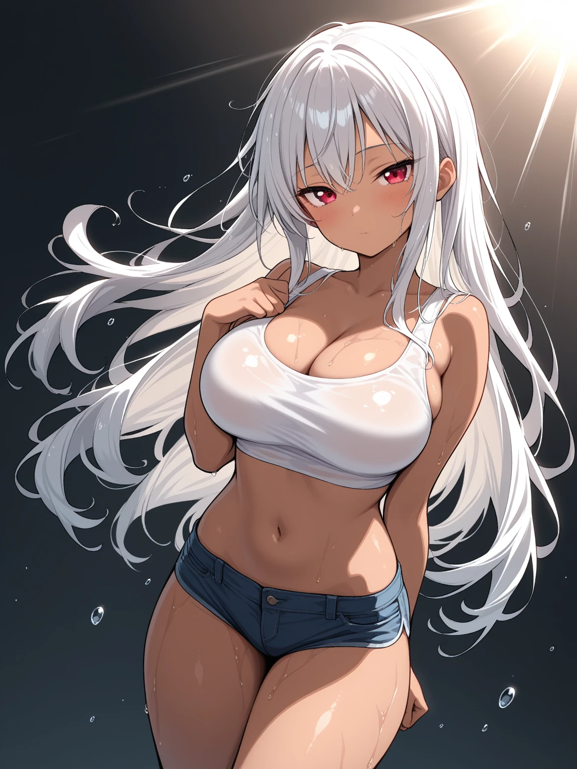 Silver hair, long hair, collarbone, navel, mid-chest, chest groove, wet skin, ray tracing, depth of field, looking at the audience, various poses Sporty atmosphere, white skirt,