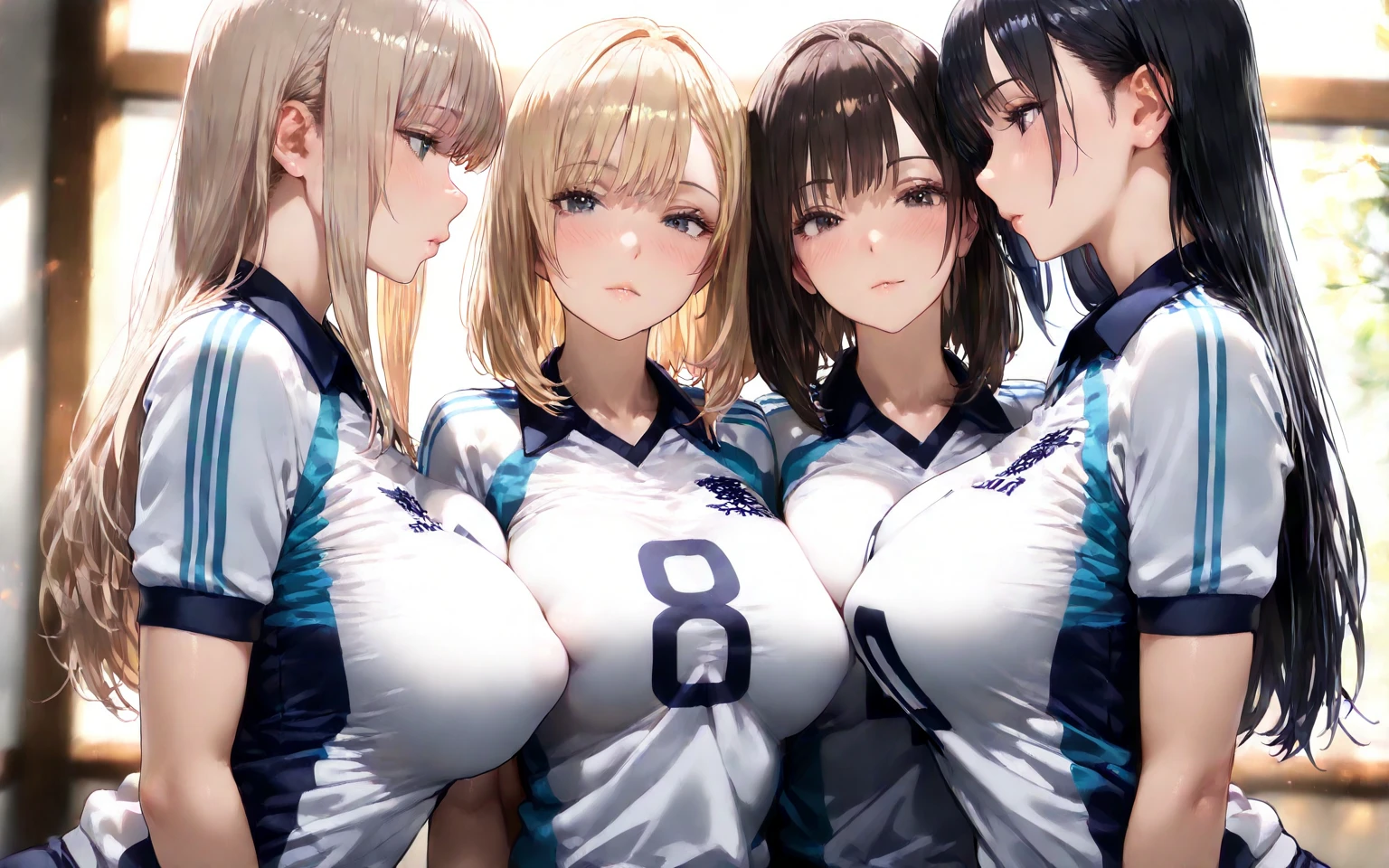 (Cute eyes:1.2), (Sparkling eyes:1.2),(Beautiful Eyes:1.2), Highest quality,wonderful,finely,Highly detailed CG Unity 8k wallpaper, (The three of them lined up and hugged:1.3),(kissing:1.3),(Three people with different heights:1.5), (Three Girls, Volleyball Player, Skinny body, Dressed), (Huge breasts), (Open your mouth:1.1),(Black knee socks:1.3),(Thighs:1.3),(Waistline:1.2),(Matching white volleyball uniforms:1.2),(From behind:1.2),(Beautiful eyes:1.2),(Different hairstyle),(Seniors and Juniors:1.3),(All three have different eye colors:1.5),(All three have different skin colors:1.5),(Thighsまで隠れるニーソックス:1.2),(Very short pants:1.3),Upper Body,(Players' Dressing Room:1.3),(Japanese Representative:1.3)