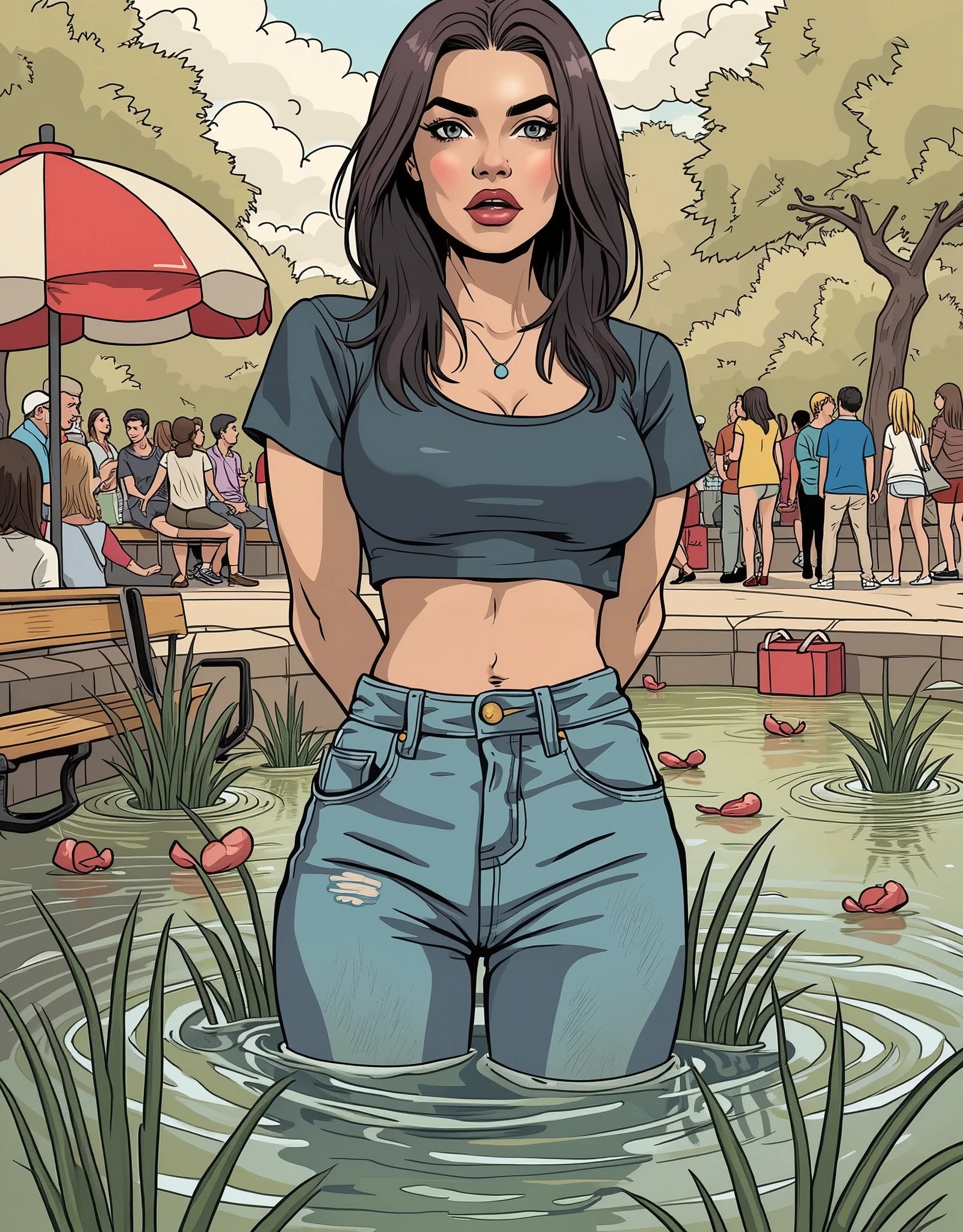 ((best quality), (hyperrealisti), mh-yk, 1 girl, standing alone, Bblack hair, eyes browns, long hair, wears a light gray sweatshirt set and running shoes,, big and fit ass,, twintails, Ar complete, hair rings, gazing at viewer,sweaty after running in the park,next to a wooden bench,gazing at viewer com um sorriso malicioso bastante chamativo