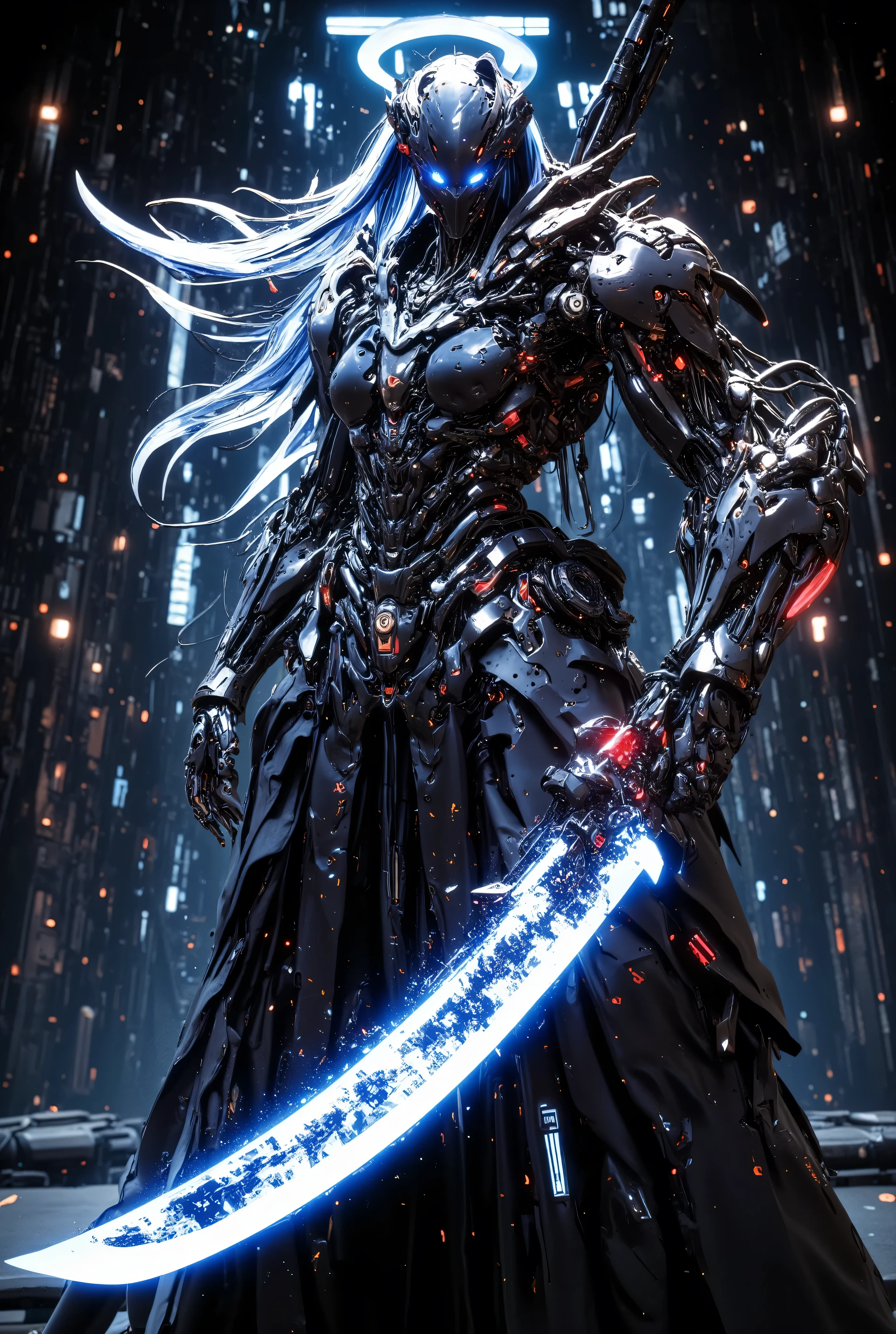 A resolute female cyborg with a mechanical dragon head arm, her expression tense and focused, clutching a giant katana that dominates the composition, its enormous blade intricately etched with glowing cosmic runes that shimmer with a neon blue light, the hilt a fusion of ancient samurai craftsmanship and futuristic tech with glowing energy conduits running through it, casting a faint glow on her surroundings, Fraction_9_up, Fraction_8_up, Fraction_7_up, Fraction_6_up, Fraction_5_up, Fraction_4_up, source_ Japanese cartoons , , Tag 2, quality_masterpiece, Anatomically correct , A BEAUTIFUL FACE , perfect face, Very Detailed Beautiful Face and Eyes, pretty face , Detailed Facial, Delicate Facial Features , Detailed Skin , Large breasts : 1.4, Wide hips, Thicc Legs, Sensual woman, A sexy hot beautiful mature women. Red metal suit . Full Body Metal suit. Big metal Wing, Hyūga_Hinata's/Boruto, Dark Blue Hair, White eyes, Hime-Cut Long Hair