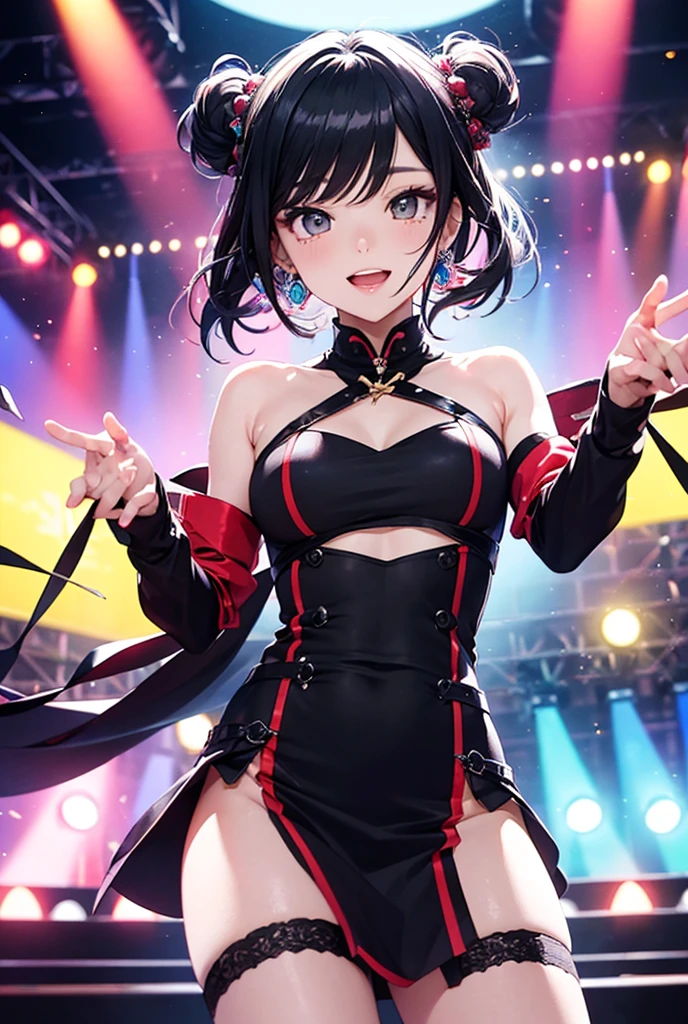Short cut hair, high resolution, high quality, red glitter earrings, blue eyes, 8K, purple eye shadow, thin eyebrows, trained body, high quality, devilish costume, shining light, full body, beautiful legs, toned thighs , big breasts, anime character athlete, hairstyle like Son Goku
